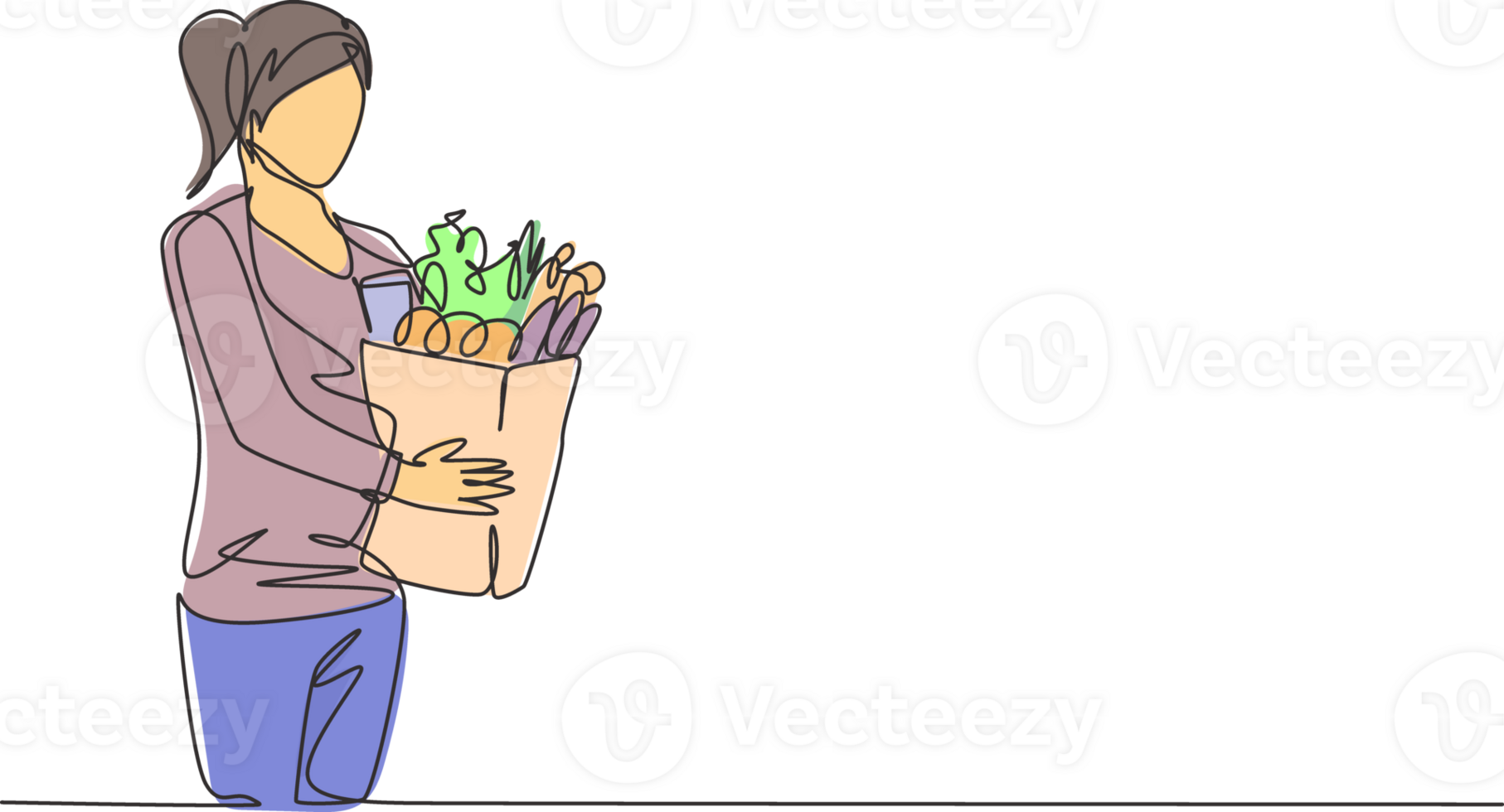 One single line drawing young happy woman holding grocery paper bag with fruits, vegetables, bread, milk inside. Commercial retail shopping concept. Continuous line draw design illustration png