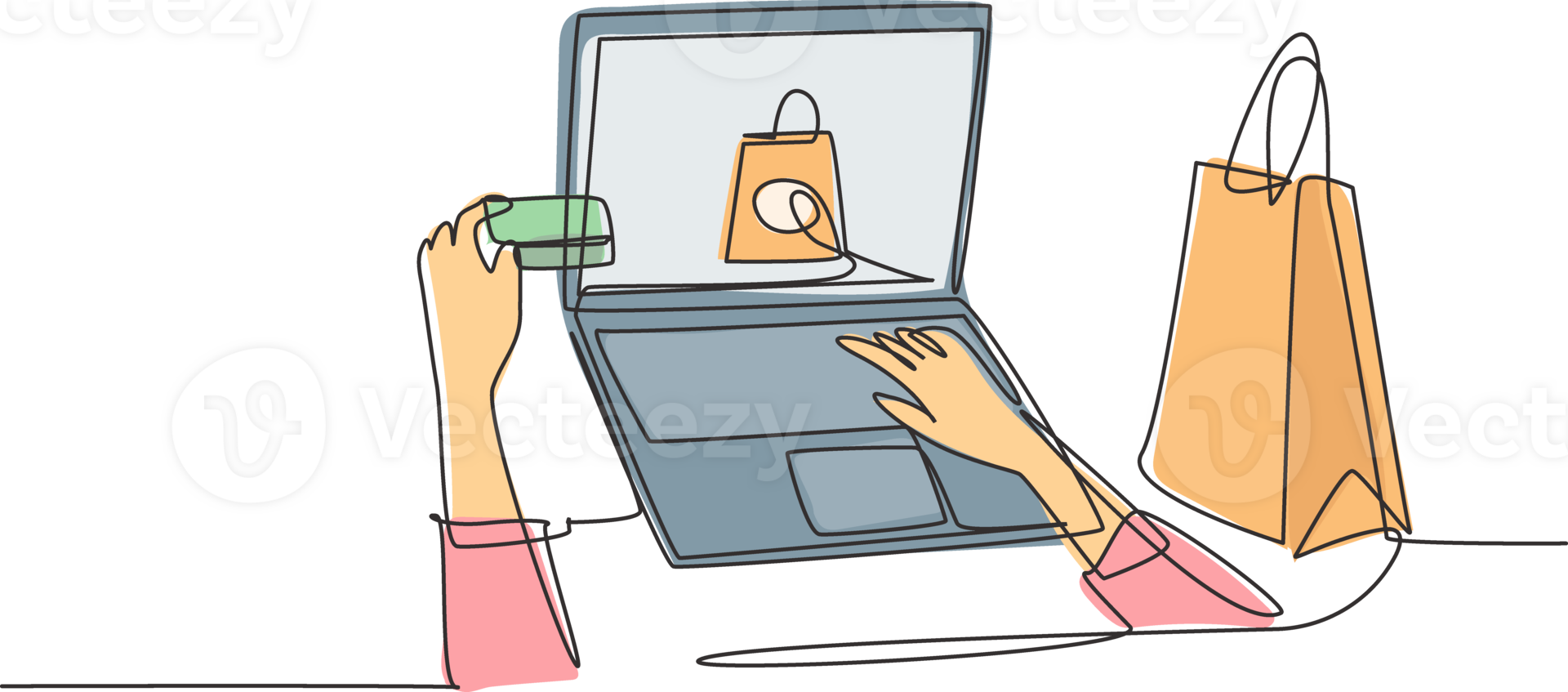 One continuous line drawing young beauty woman holding credit card to do buying transaction at online shop using laptop. Shopping in online store concept. Single line draw design illustration png