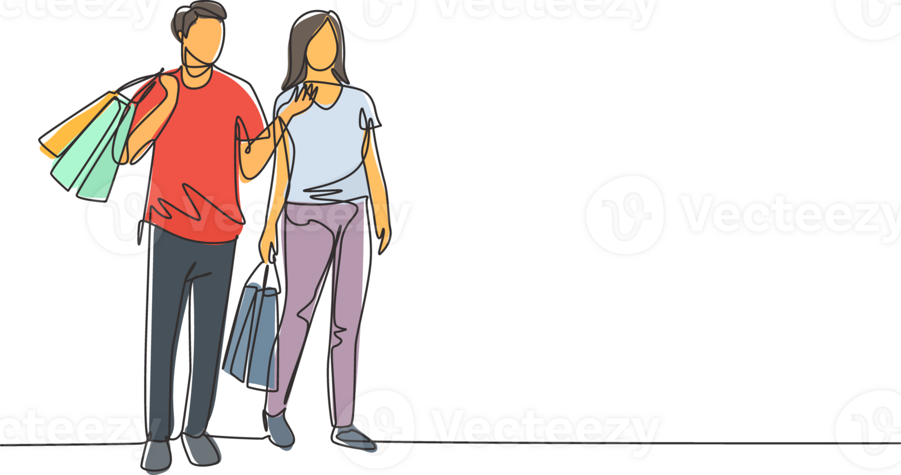 One single line drawing young happy romantic couple walking and shopping together while holding paper bags at mall. Commercial retail shopping concept. Continuous line draw design illustration png