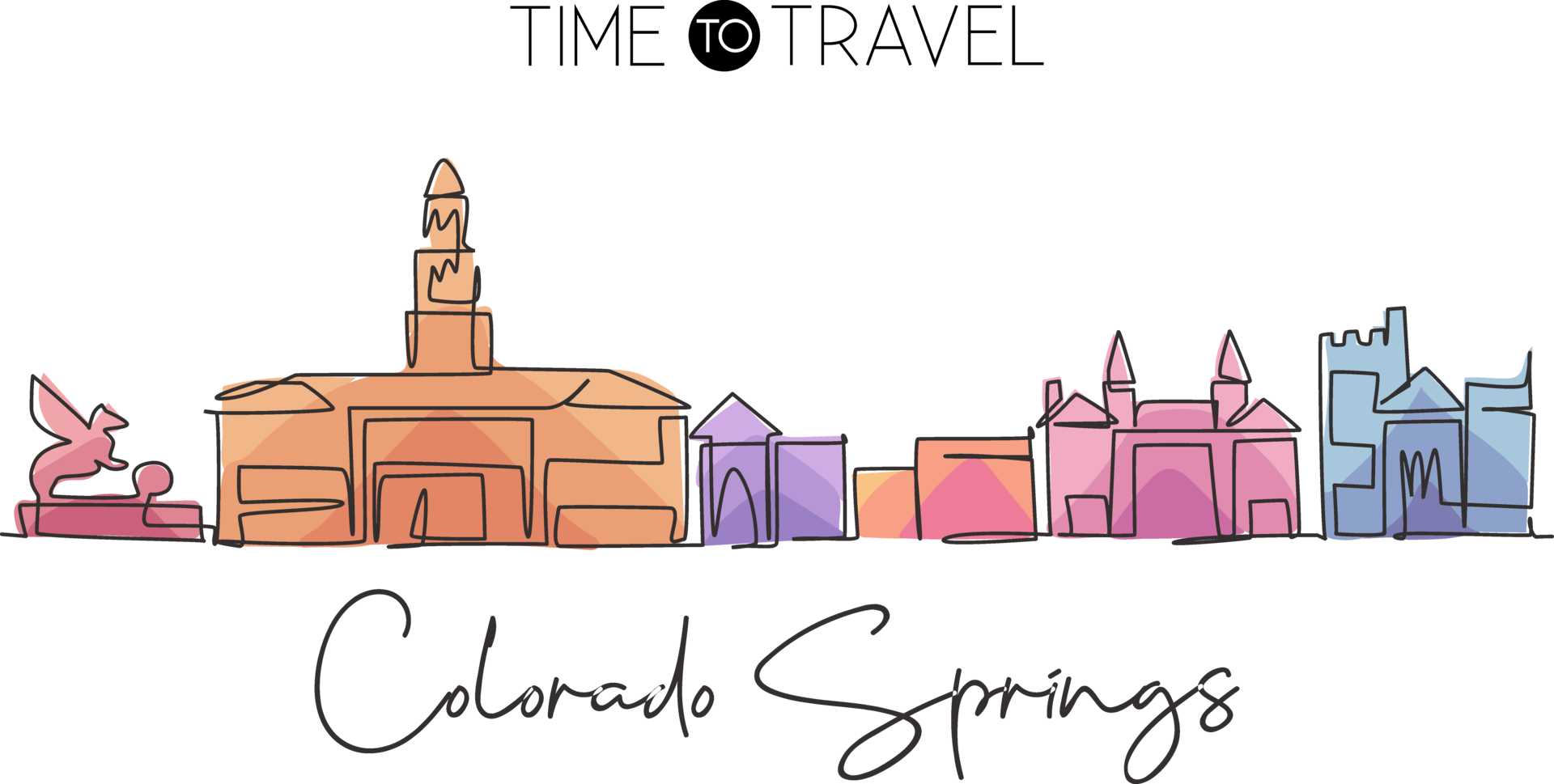 One single line drawing of Colorado Springs city skyline, USA. Town