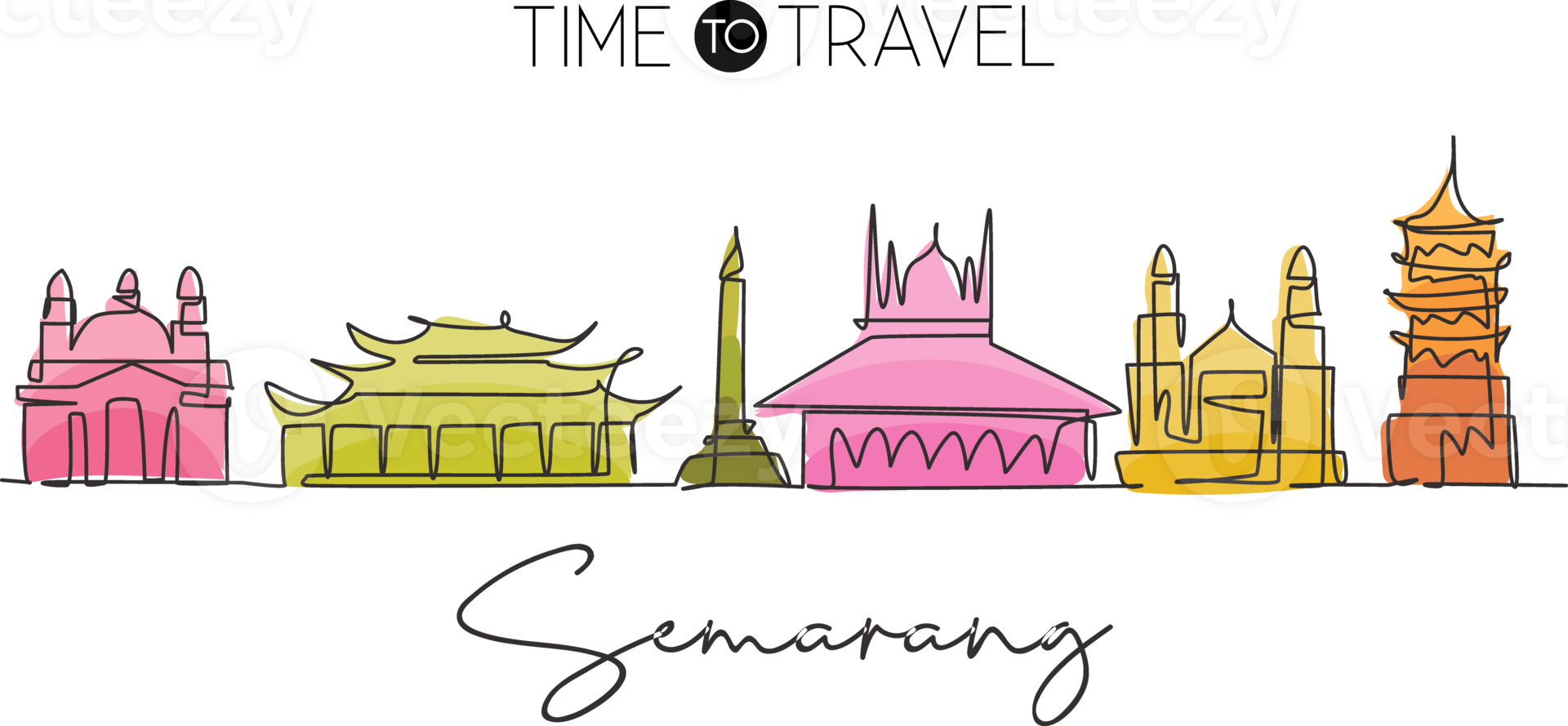 One single line drawing of Semarang city skyline, Java, Indonesia. Town landscape for home wall decor poster. Best holiday destination. Trendy continuous line draw graphic design illustration png