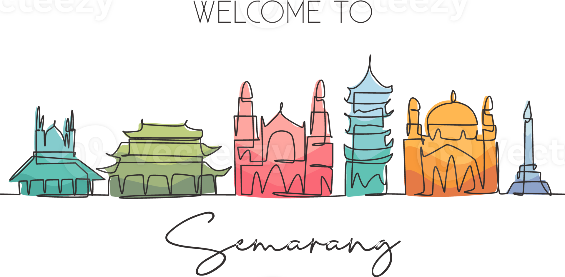 Single continuous line drawing of Semarang city skyline, Central Java Indonesia. Famous city for wall decor print. World travel concept. Editable stroke modern one line draw design illustration png