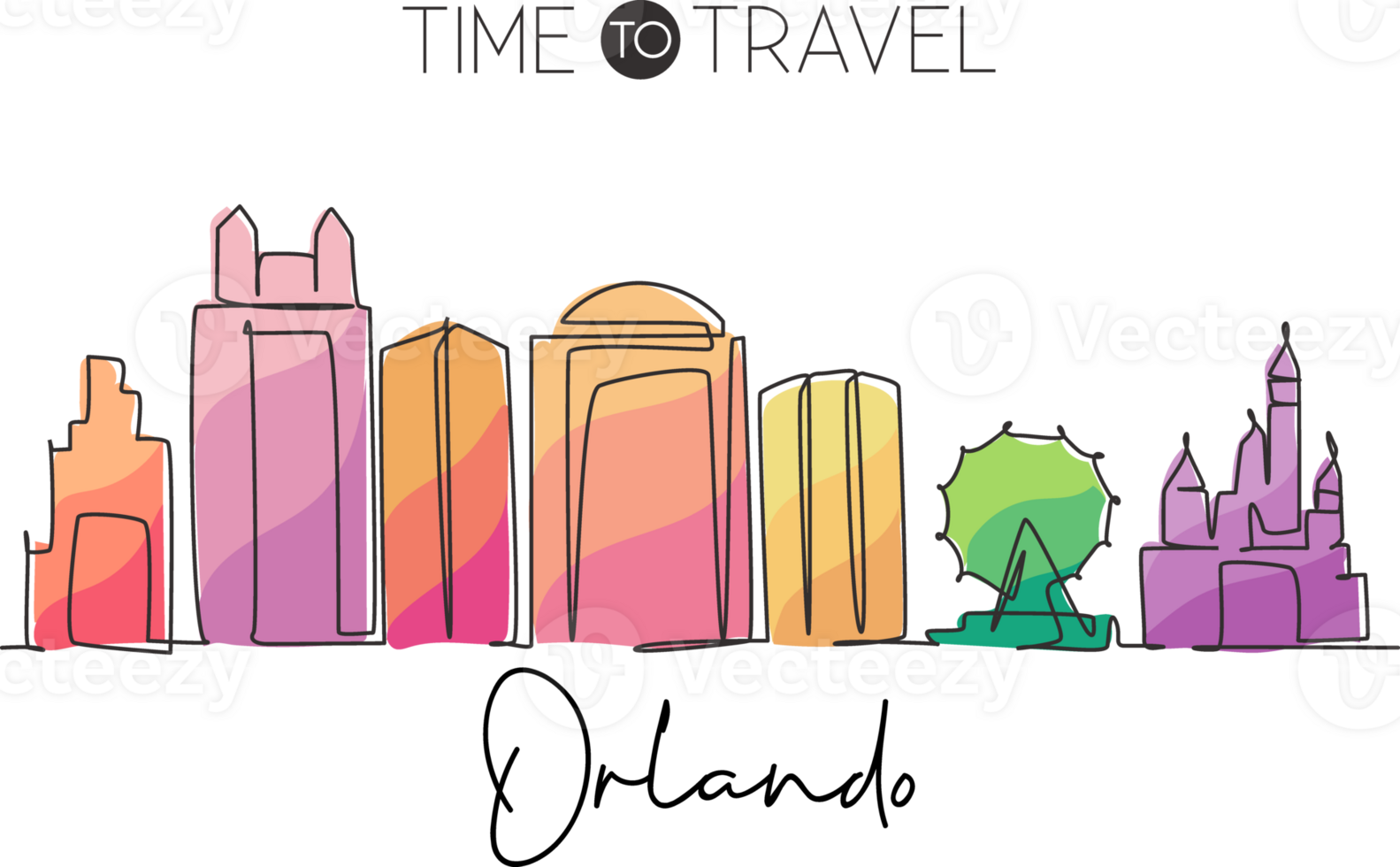 One single line drawing of Orlando city skyline, Florida. Historical town landscape in the world. Best holiday destination. Editable stroke trendy continuous line draw design illustration png
