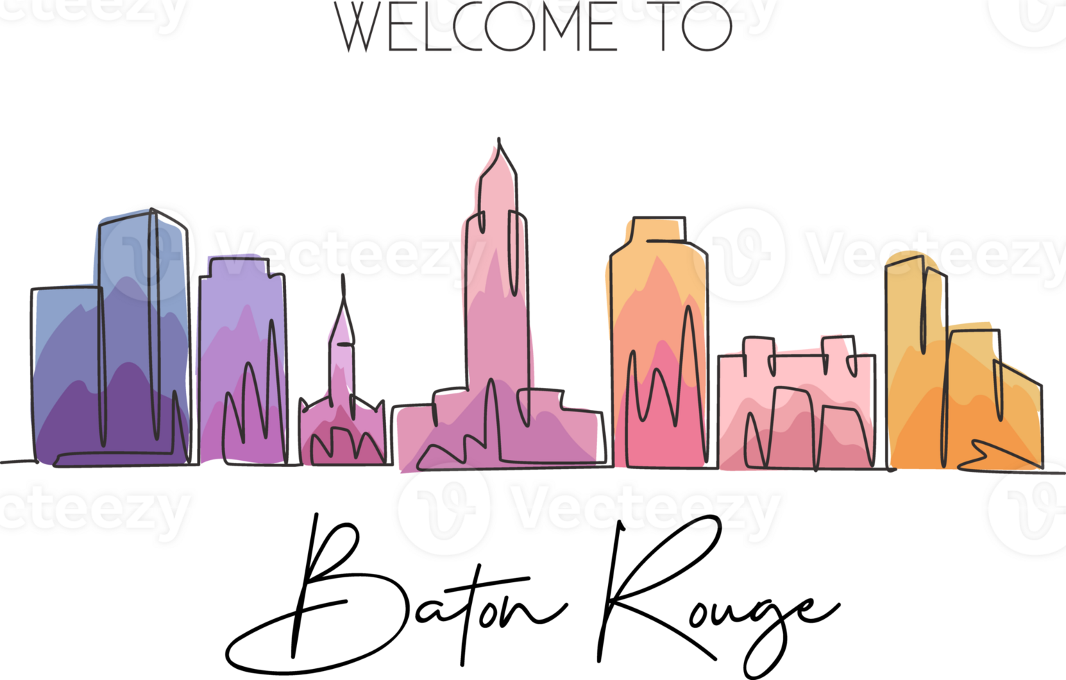 One single line drawing of Baton Rouge city skyline, Louisiana. Historical town landscape in the world. Best holiday destination. Editable stroke trendy continuous line draw design illustration png
