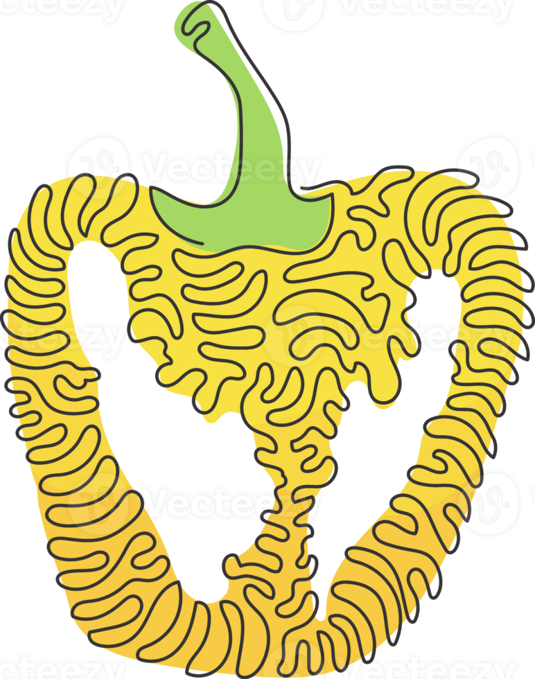 Continuous one line drawing sliced healthy organic paprika for plantation logo identity. Fresh bell pepper for fruit vegetable icon. Swirl curl style. Single line draw design illustration png