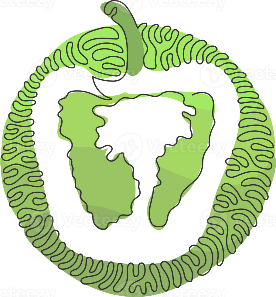 Continuous one line drawing sliced healthy organic paprika for plantation logo identity. Fresh bell pepper for fruit vegetable icon. Swirl curl circle style. Single line draw design png