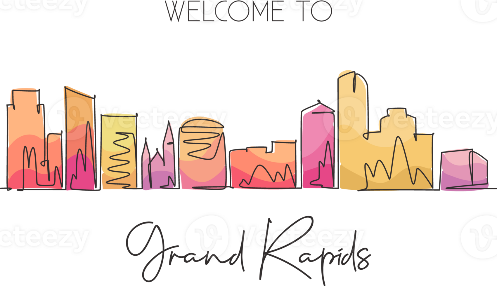 One single line drawing visit Grand Rapids city skyline, Michigan. World beauty town landscape. Best holiday destination. Editable stroke trendy continuous graphic line draw design illustration png