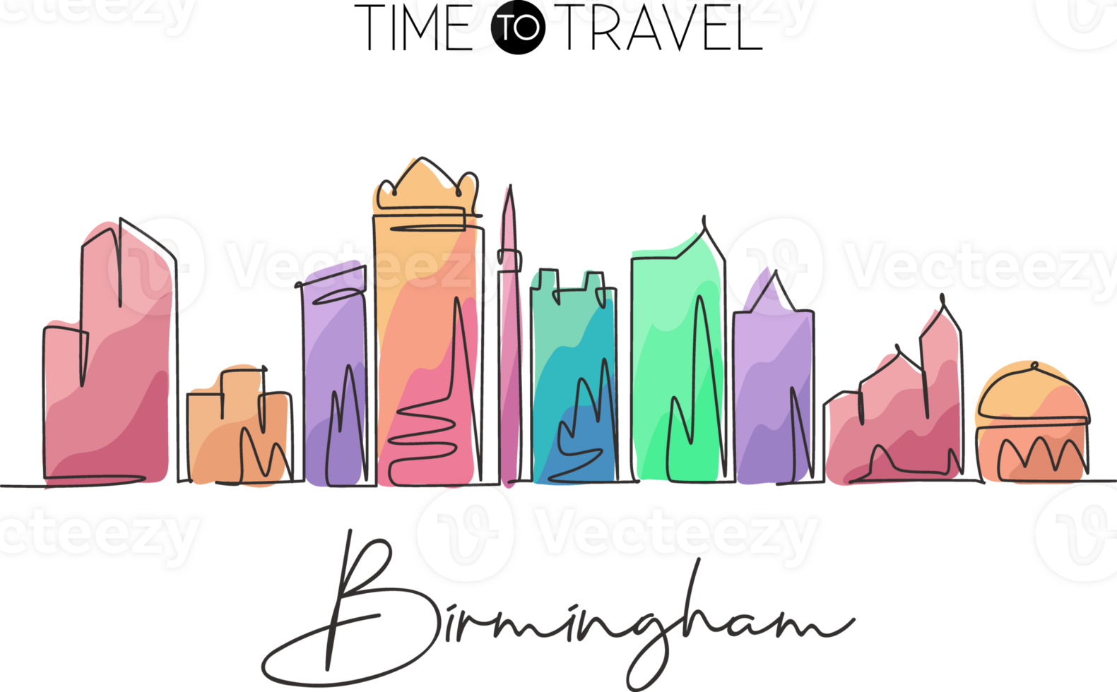 One continuous line drawing of Birmingham city skyline, Alabama. Beautiful landmark art. World landscape tourism travel wall decor poster, postcard. Stylish single line draw design illustration png