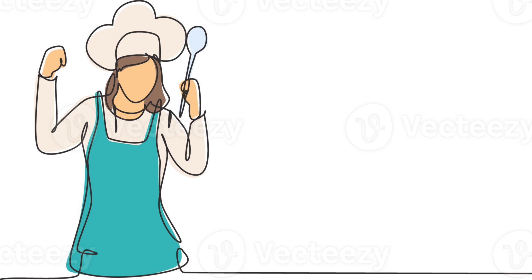 Single one line drawing female chef with celebrate gesture, holding spoon and wearing apron is ready to cook meals for restaurant guests. Modern continuous line draw design graphic illustration png