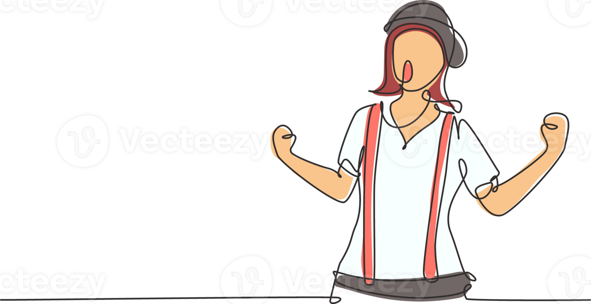 Continuous one line drawing female mime artist with celebrate gesture and white face make-up puts on a silent motion comedy show at circus arena. Single line draw design graphic illustration png