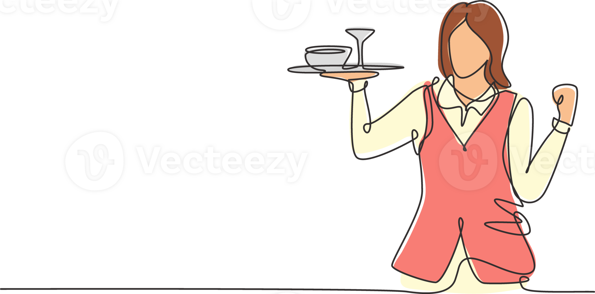 Single continuous line drawing waitress with celebrate gesture and brought a tray of drinking glasses serving visitors at cafeteria. Successful work. One line draw graphic design illustration png