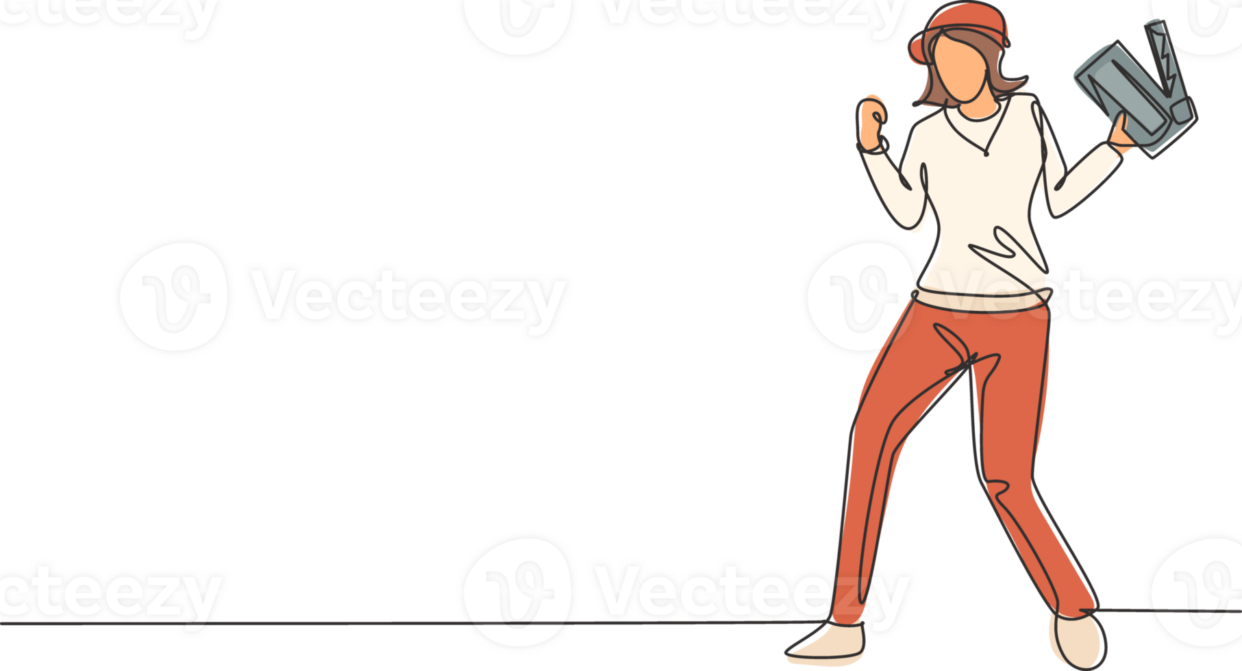Single one line drawing female film director stands with celebrate gesture holding clapperboard and prepare camera crew for shooting at studio. Continuous line draw design graphic illustration png