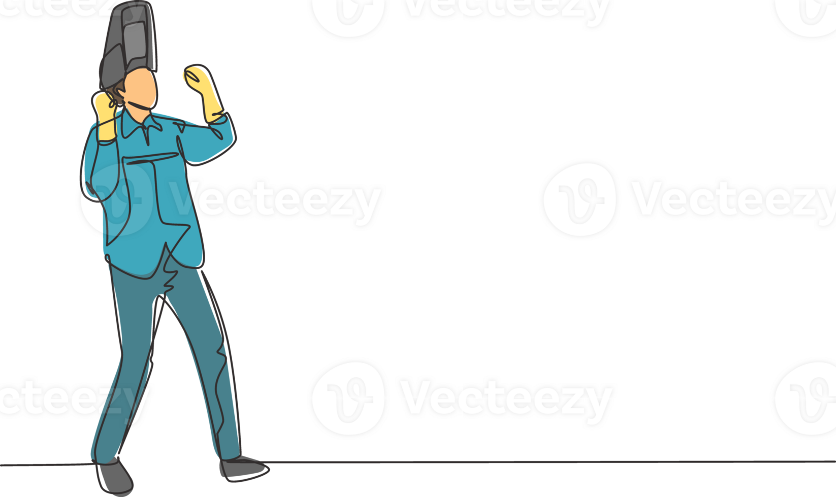 Continuous one line drawing welder stands with celebrate gesture and face shield is removed ready to work in his iron workshop. Successful business. Single line draw design graphic illustration png