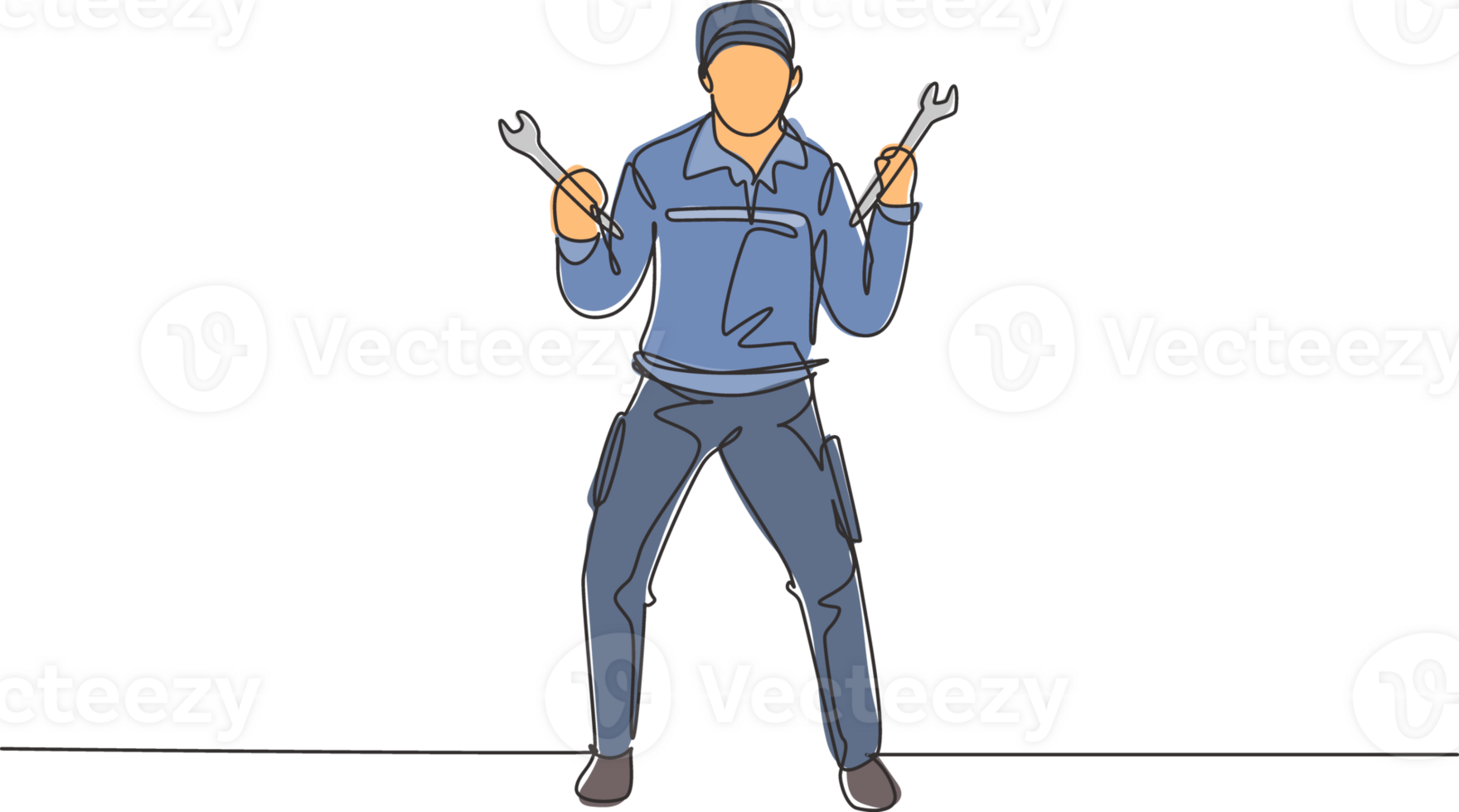 Single one line drawing mechanic stands up with celebrate gesture and holding wrench to perform maintenance vehicle engine. Success job. Modern continuous line draw design graphic illustration png