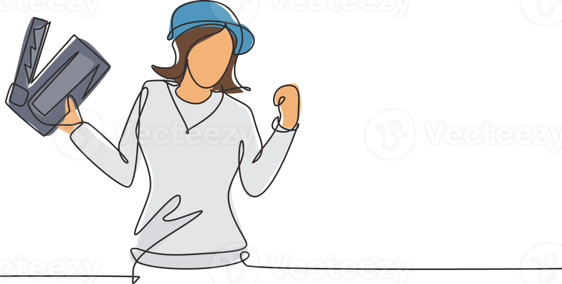 Single one line drawing female film director with celebrate gesture holding clapperboard and set crew for studio shooting. Professional works. Continuous line draw design graphic illustration png