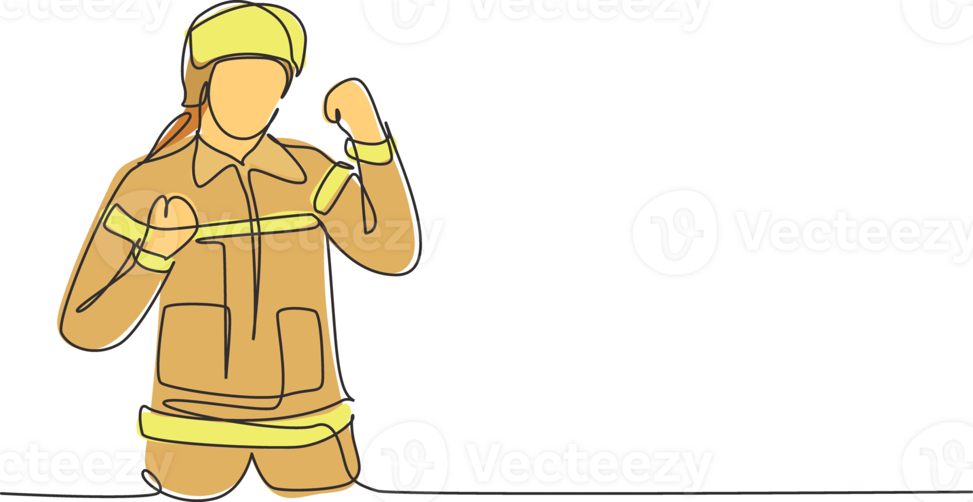 solteiro contínuo linha desenhando bombeiros com comemoro gesto, cheio uniforme, e vestindo capacete preparar para colocar Fora a fogo este queimado prédio. 1 linha desenhar gráfico Projeto ilustração png