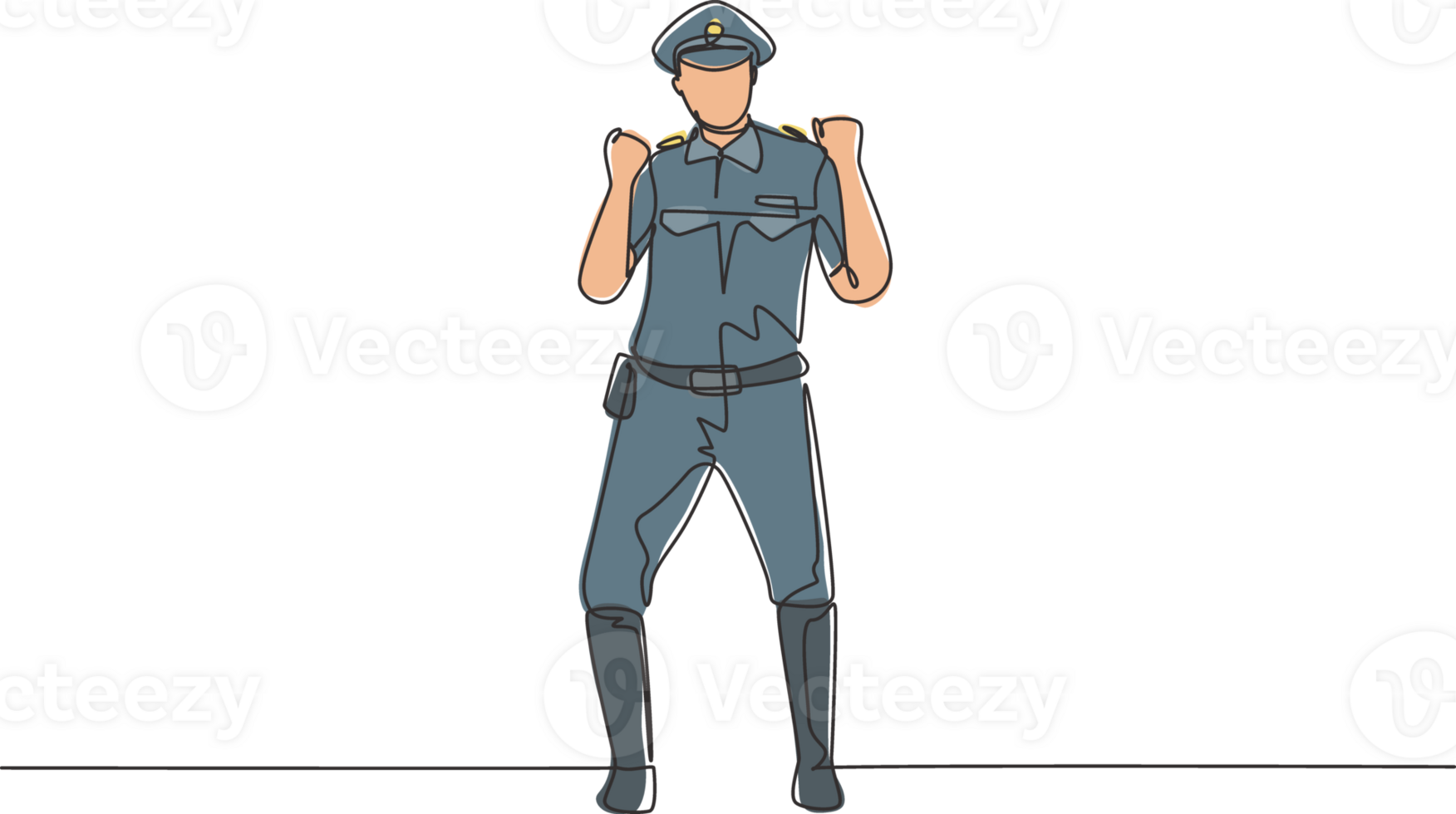 Single one line drawing policeman standing with celebrate gesture and full uniform works control vehicle traffic highway. Standby patrol. Modern continuous line draw design graphic illustration png