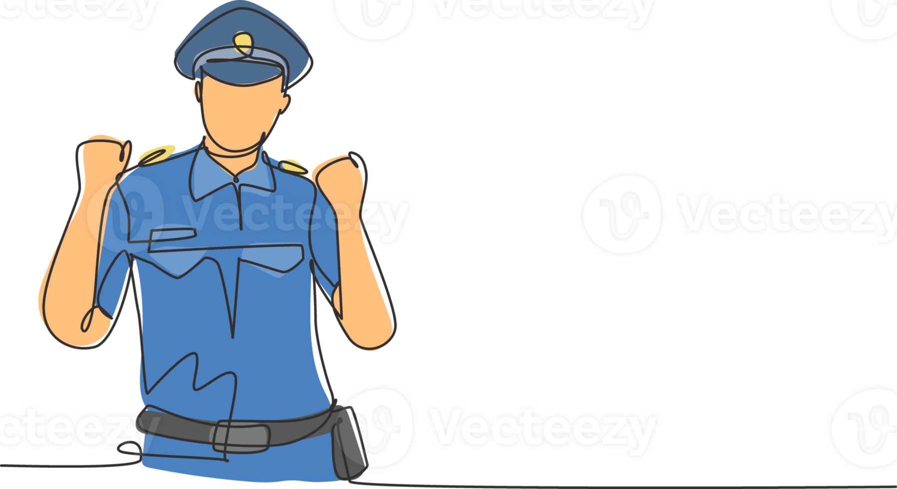Continuous one line drawing policeman with celebrate gesture and full uniform is ready to enforce traffic discipline on highway. Standby on patrol. Single line draw design graphic illustration png
