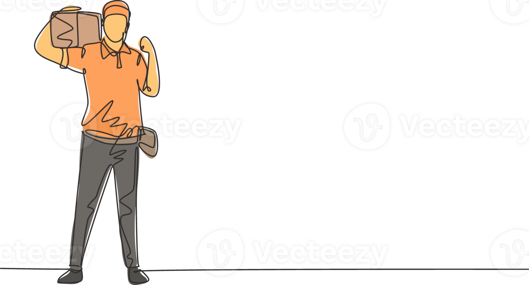 Single one line drawing deliveryman stands with celebrate gesture carrying package box that customer order to be delivered safely. Success job. Continuous line draw design graphic illustration png
