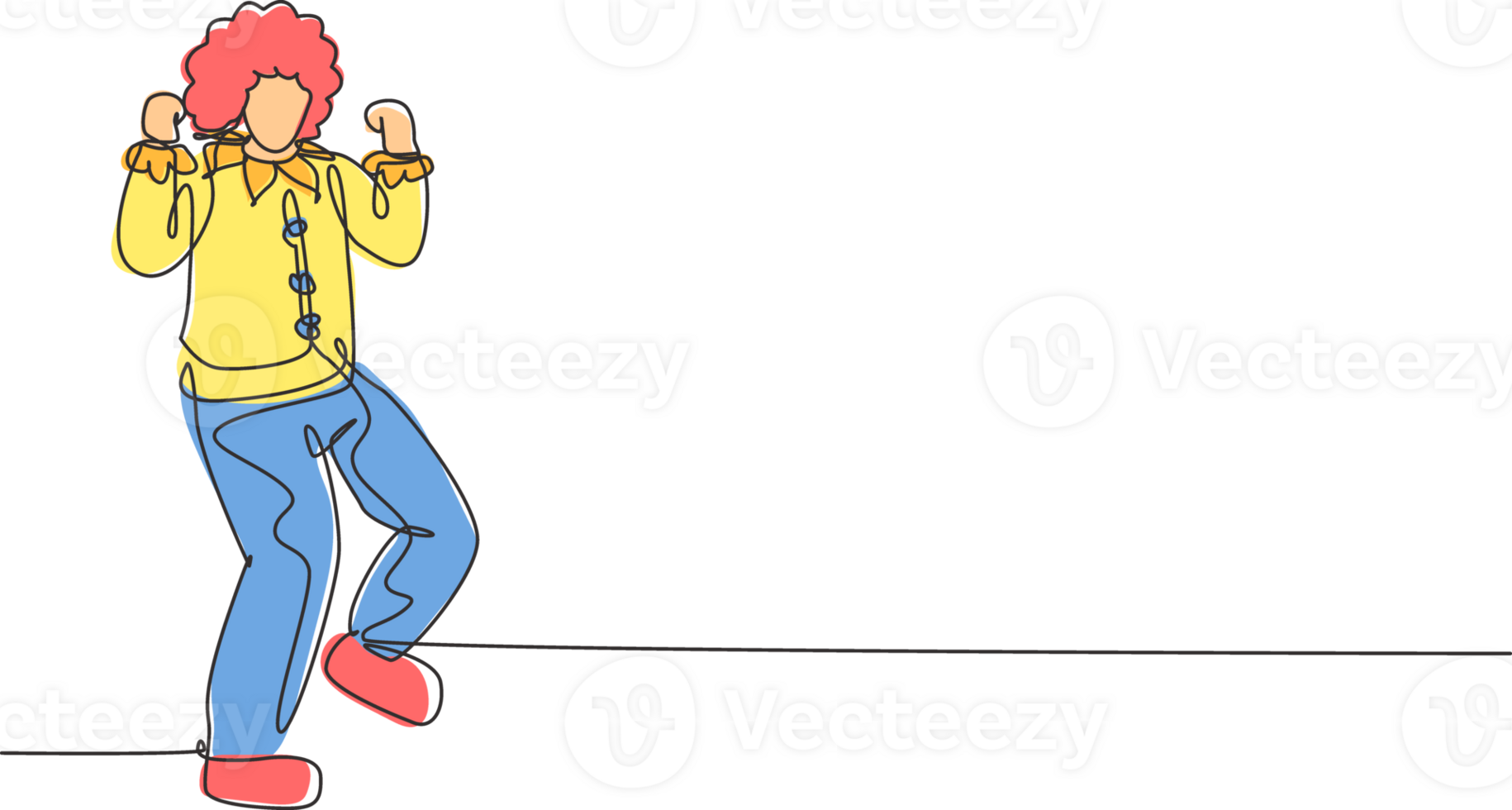 Single einer Linie Zeichnung Clown steht mit feiern Geste tragen Perücke und Clown Kostüm bereit zu unterhalten Publikum im Zirkus Arena. modern kontinuierlich Linie zeichnen Design Grafik Illustration png