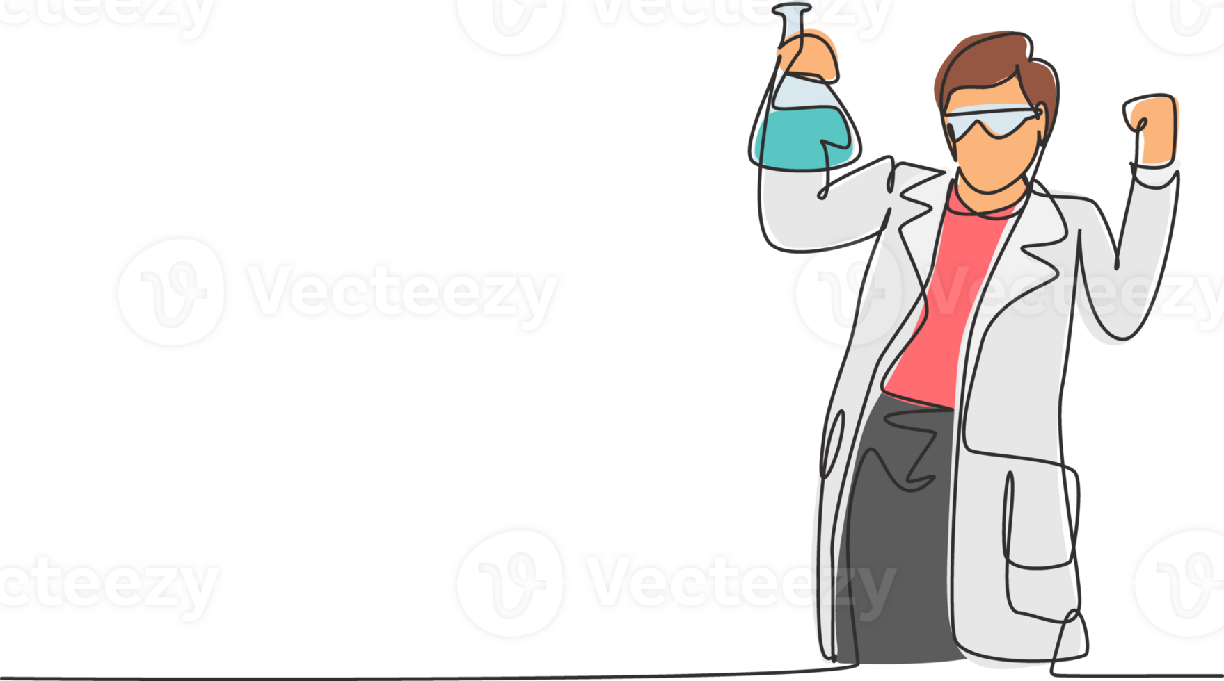 Single one line drawing scientist with celebrate gesture and holding measuring tube to examining chemical solution to make vaccine. Modern continuous line draw design graphic illustration png