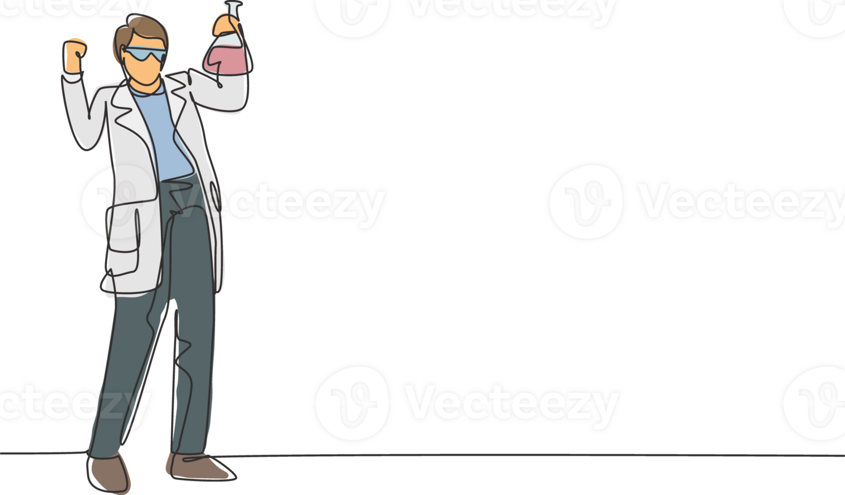 Single continuous line drawing scientist stands with celebrate gesture and holding measuring tube filled chemical liquid. Professional person. Dynamic one line draw graphic design illustration png