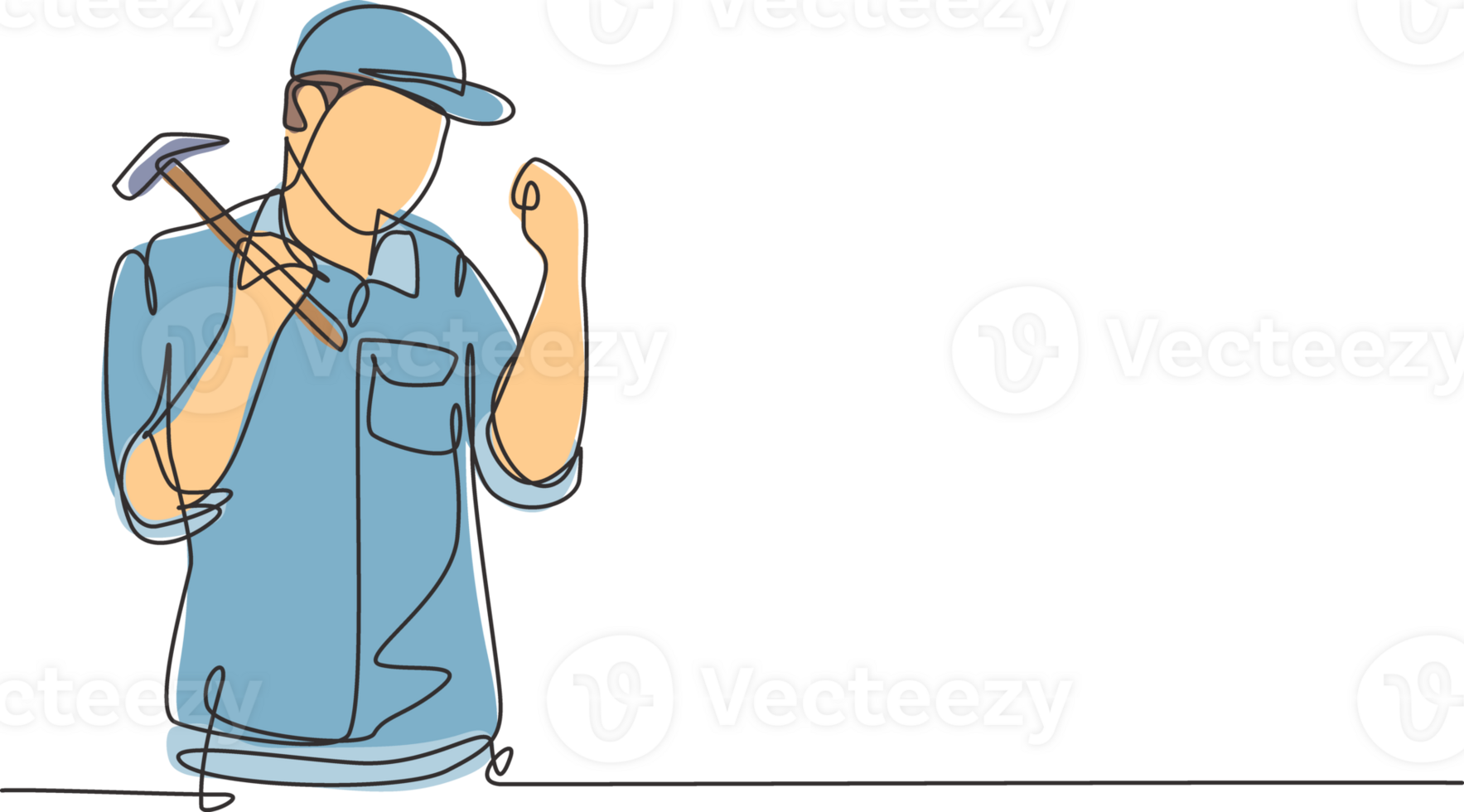 Single continuous line drawing carpenter with celebrate gesture works in his workshop making wooden products. Skills in using carpentry tools. Dynamic one line draw graphic design illustration png