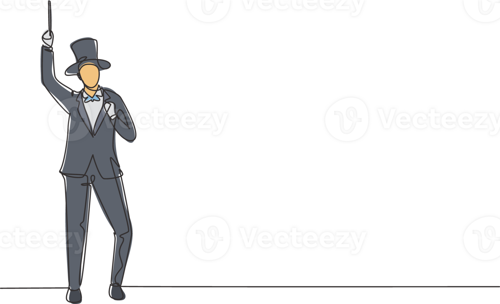 Continuous one line drawing magician stands with celebrate gesture wearing hat and holding magic wand performing tricks at circus show. Success job. Single line draw design graphic illustration png