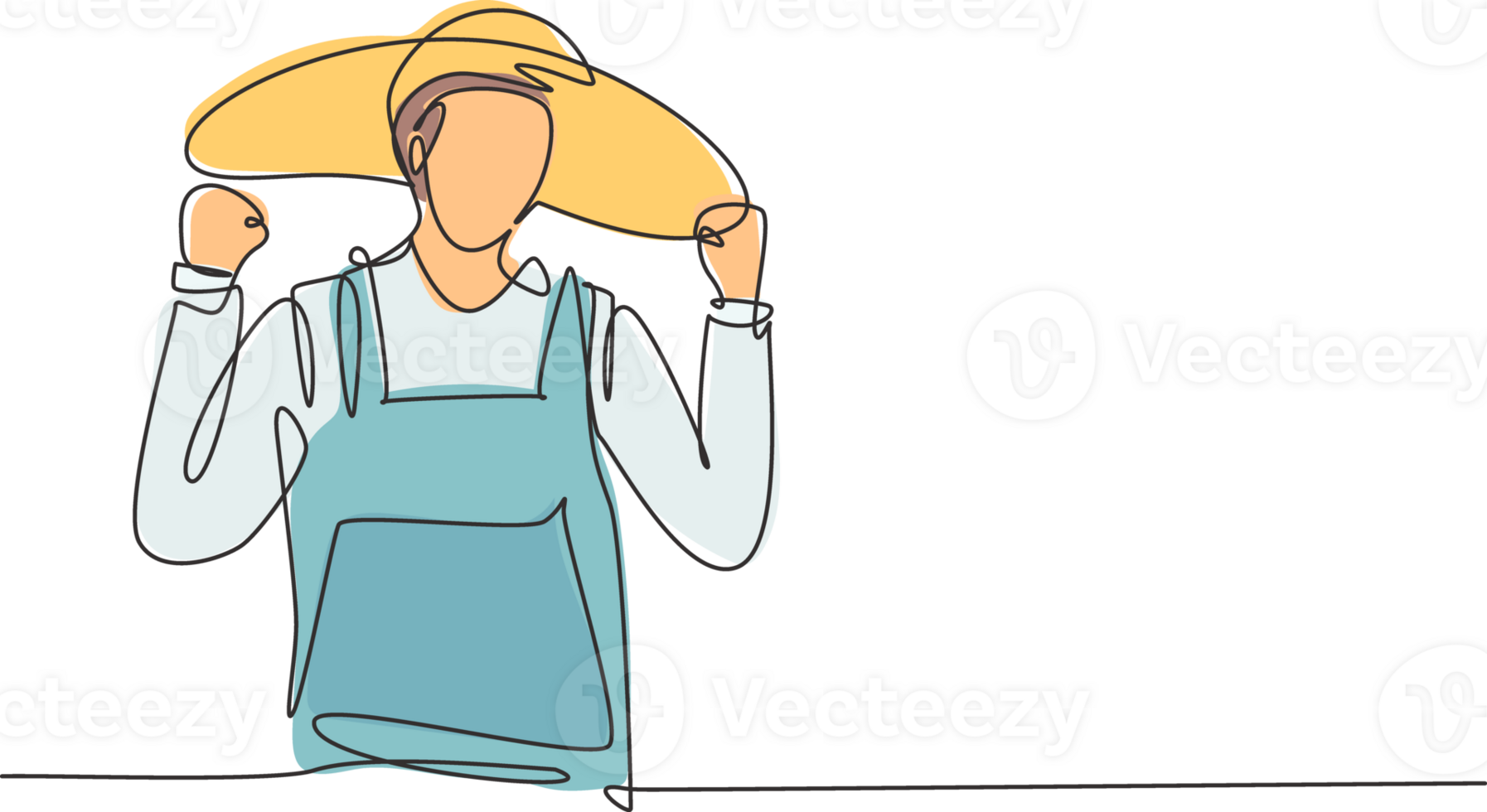 Single one line drawing farmer with celebrate gesture wearing straw hat and farm uniform to work on the farm. Success business concept. Modern continuous line draw design graphic illustration png