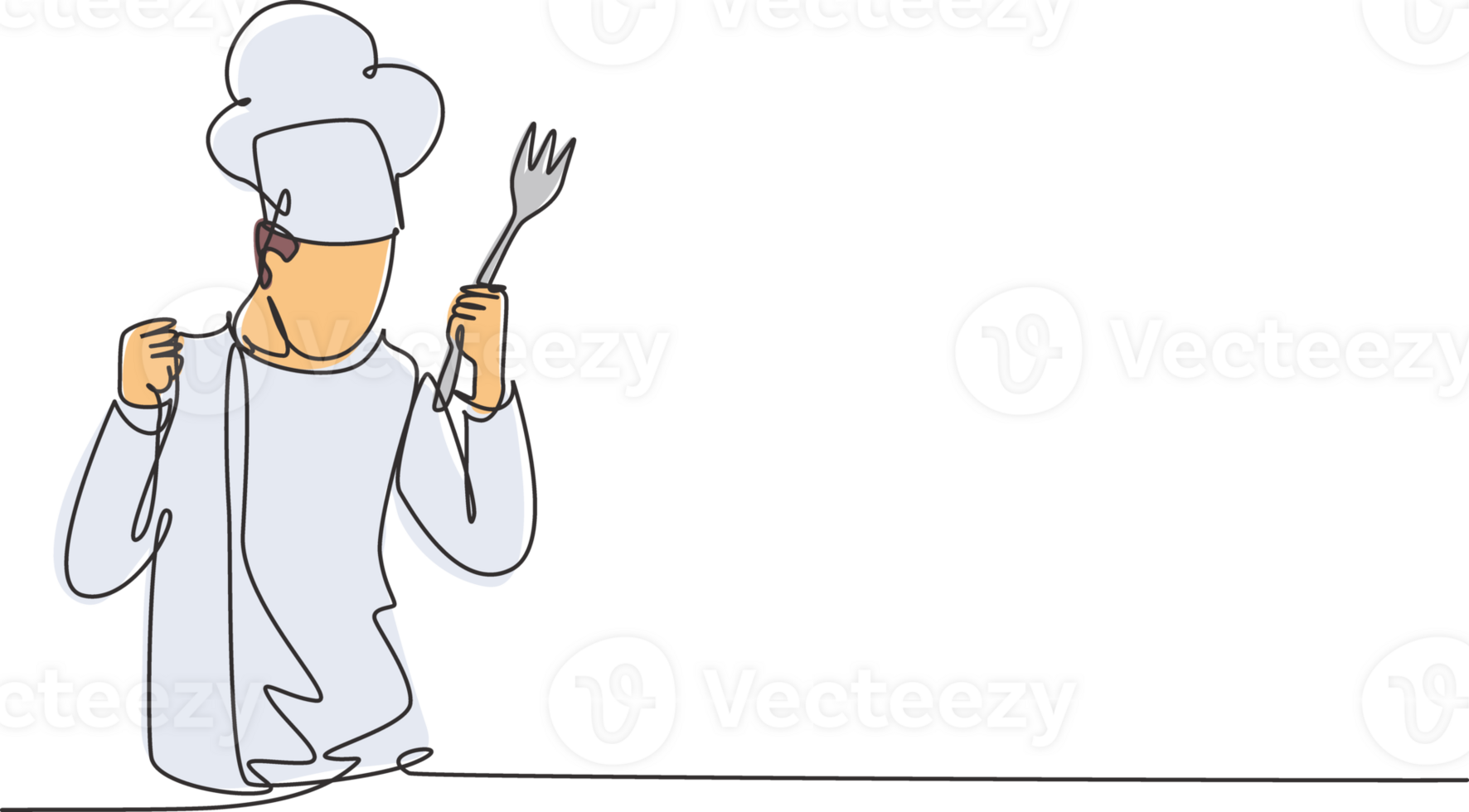 Single one line drawing chef with celebrate gesture, holding fork and wearing cooking uniforms is ready to cook meals for guests at restaurants. Continuous line draw design graphic illustration png