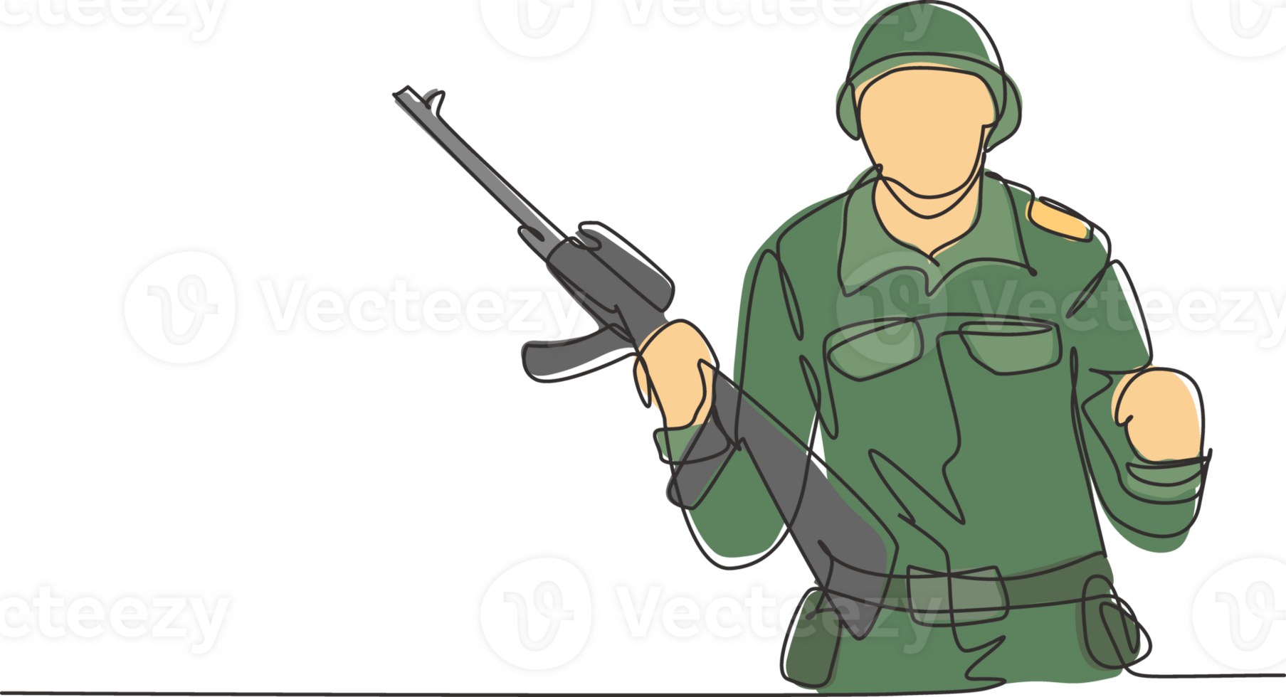 kontinuierlich einer Linie Zeichnung Soldat mit Waffe, voll Uniform, und feiern Geste ist bereit zu verteidigen das Land auf Schlachtfeld gegen Feind. Single Linie zeichnen Design Grafik Illustration png