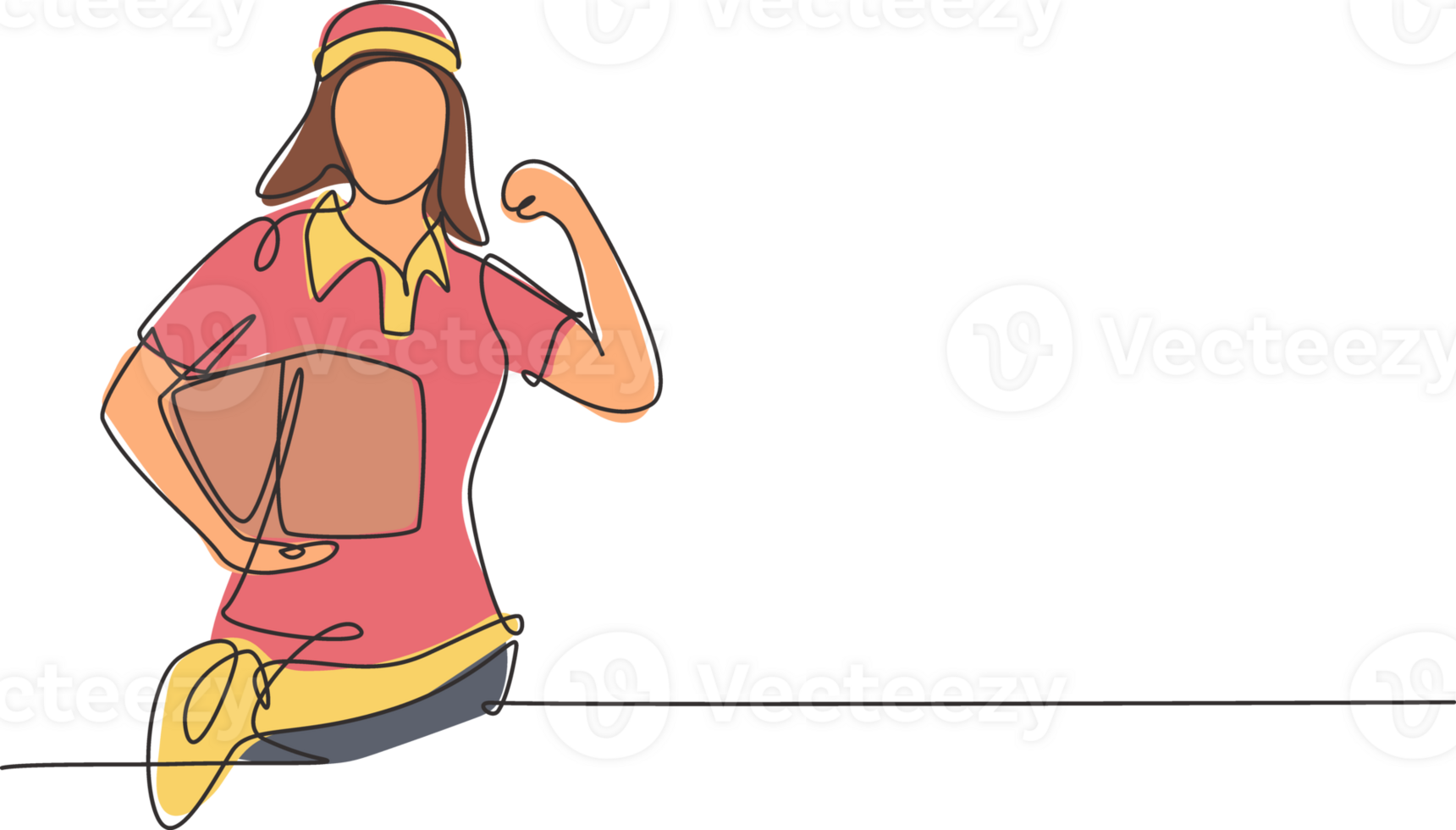 Continuous one line drawing deliverywoman with celebrate gesture, carrying package box to be delivered to customers with best service. Success job. Single line draw design graphic illustration png