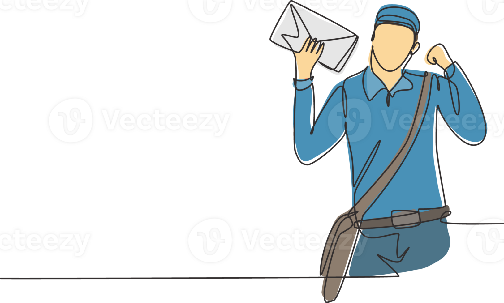 Single continuous line drawing postman with celebrate gesture, wearing hat, sling bag, and uniform holds envelope to delivered to home address. Dynamic one line draw graphic design illustration png