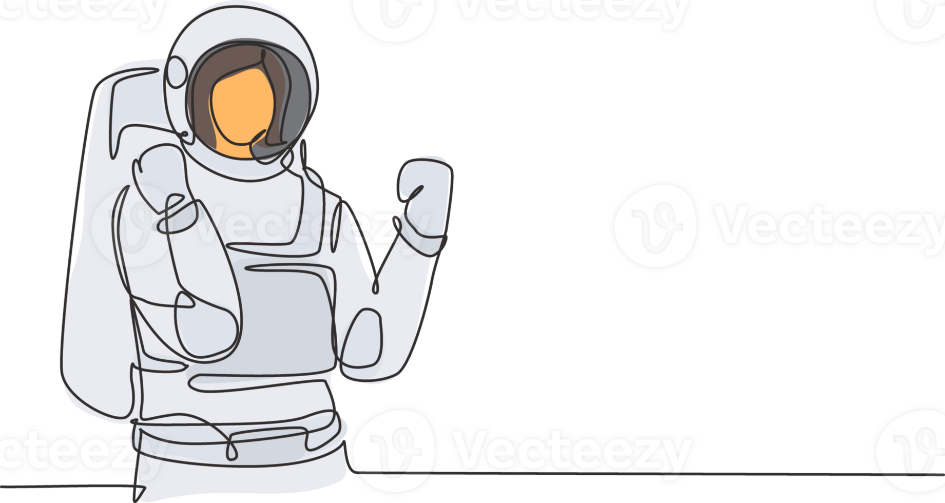 Continuous one line drawing female astronaut with celebrate gesture wearing spacesuits to explore outer space in search mysteries of universe. Single line draw design graphic illustration png