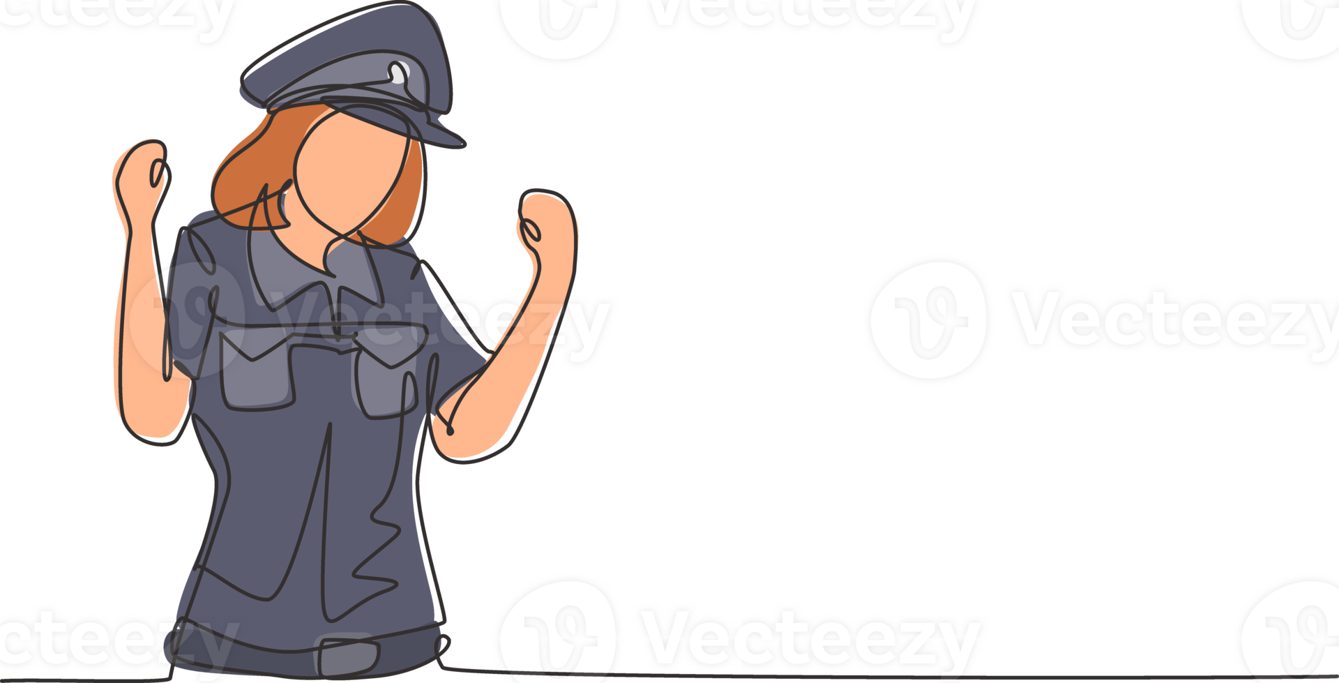 Continuous one line drawing policewoman with celebrate gesture and full uniform is ready to enforce traffic discipline on highway. Standby patrol. Single line draw design graphic illustration png