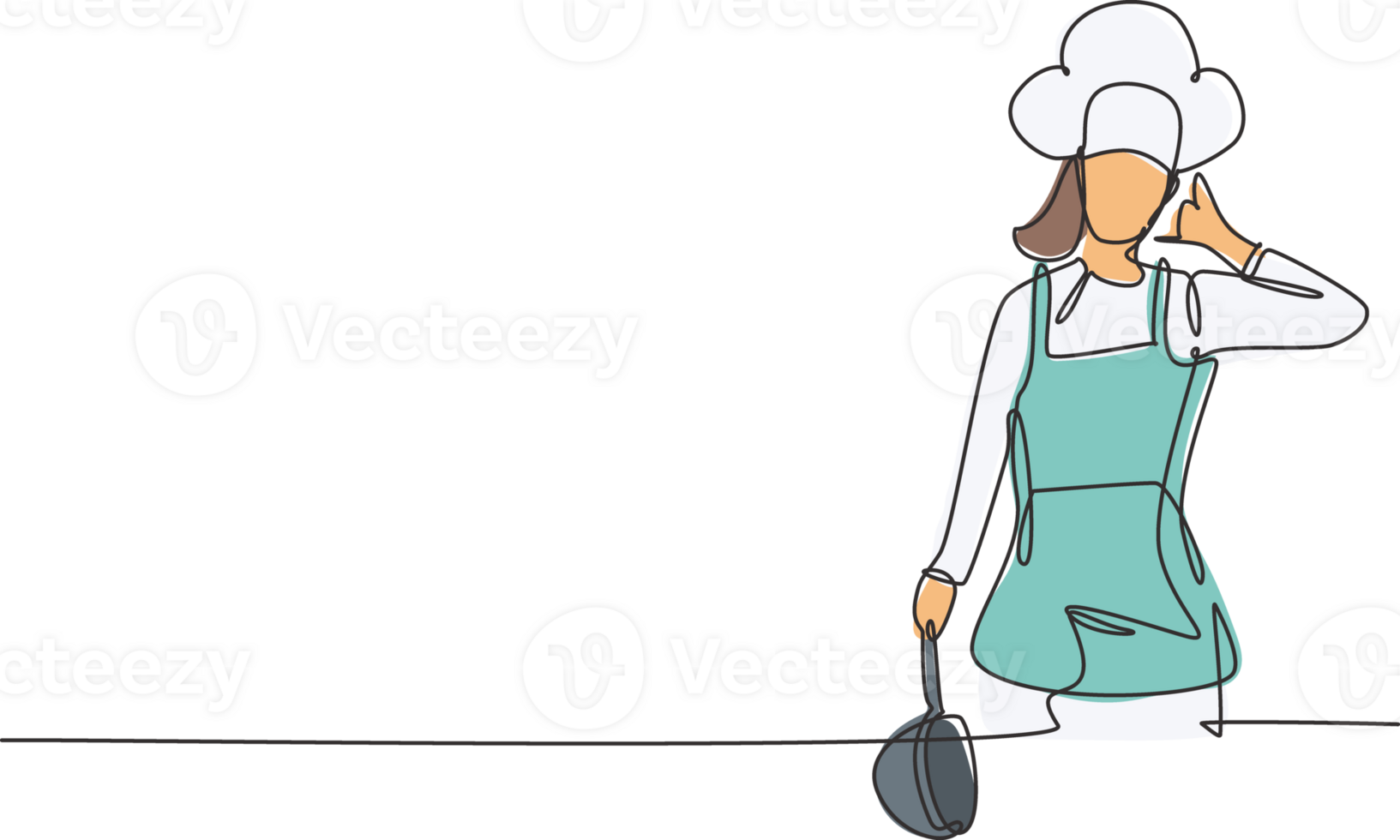 Continuous one line drawing female chef with call me gesture, holding pan and wearing cooking uniforms ready to cook meals for restaurants guests. Single line draw design graphic illustration png