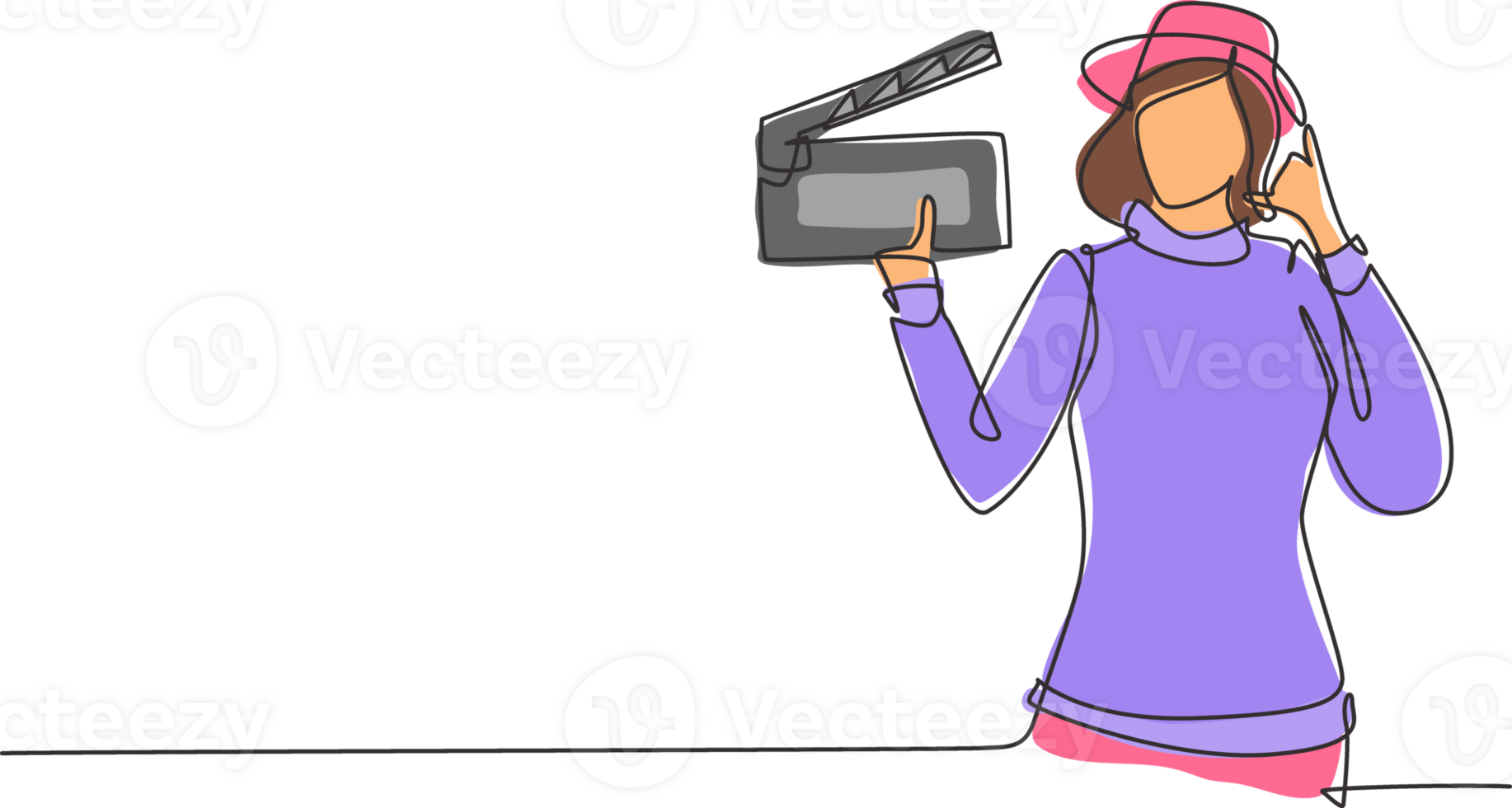 Single one line drawing female film director with call me gesture holding clapperboard and set the crew for studio shooting. Professional work. Continuous line draw design graphic illustration png