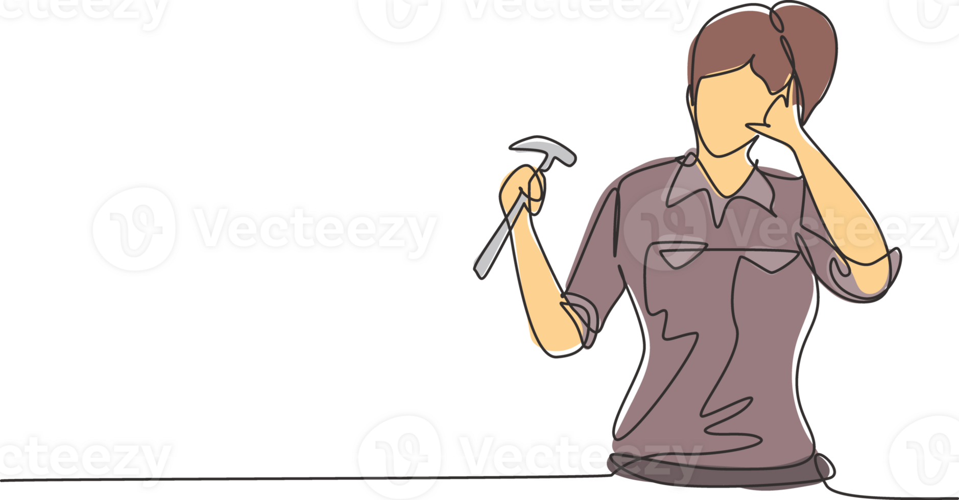 Continuous one line drawing female carpenter with call me gesture works in her workshop making wooden products. Skills in using carpentry tools. Single line draw design graphic illustration png