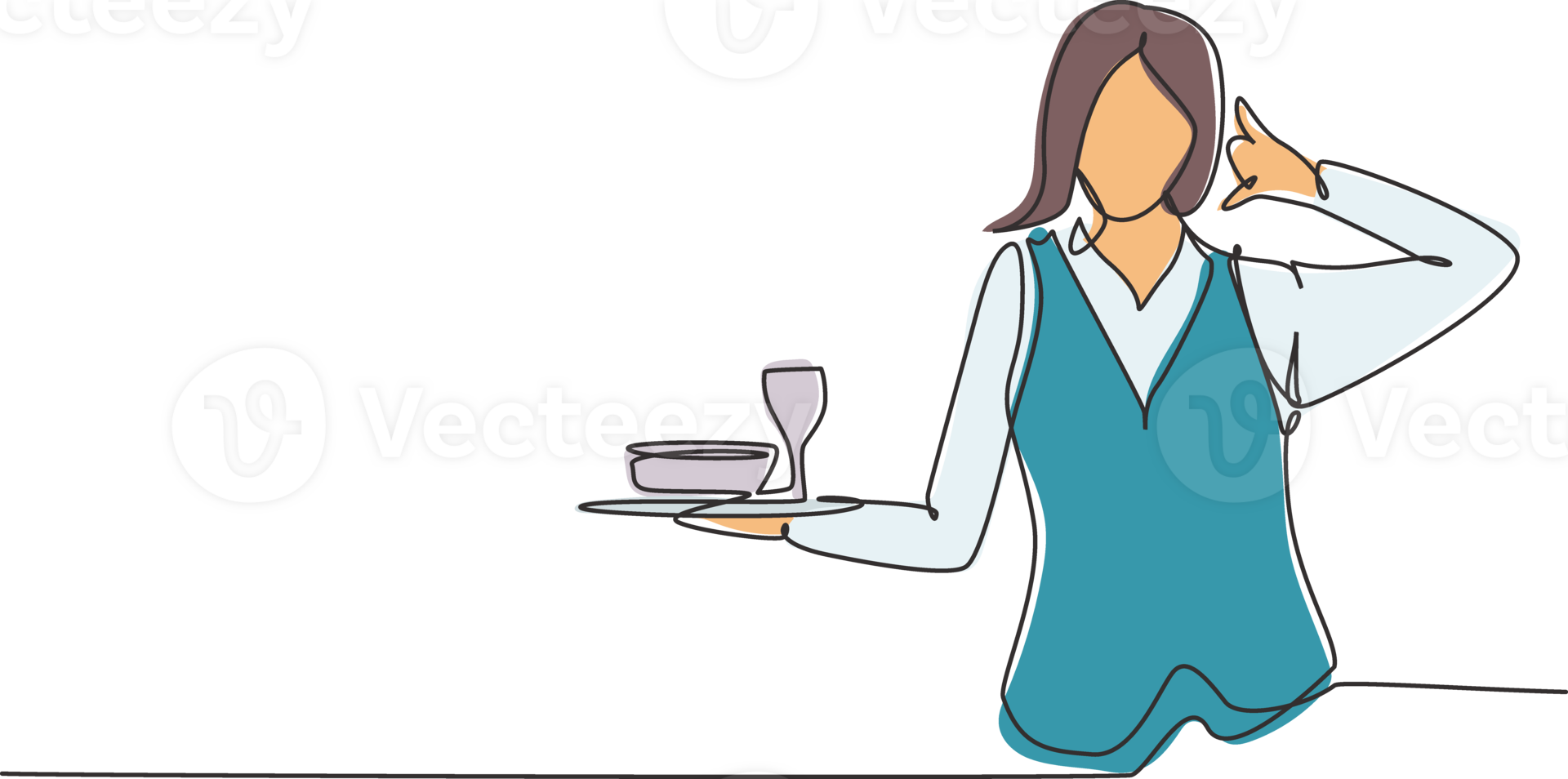 Continuous one line drawing waitress with call me gesture and brought a tray of drinking glasses serving visitors at cafeteria. Professional job. Single line draw design graphic illustration png