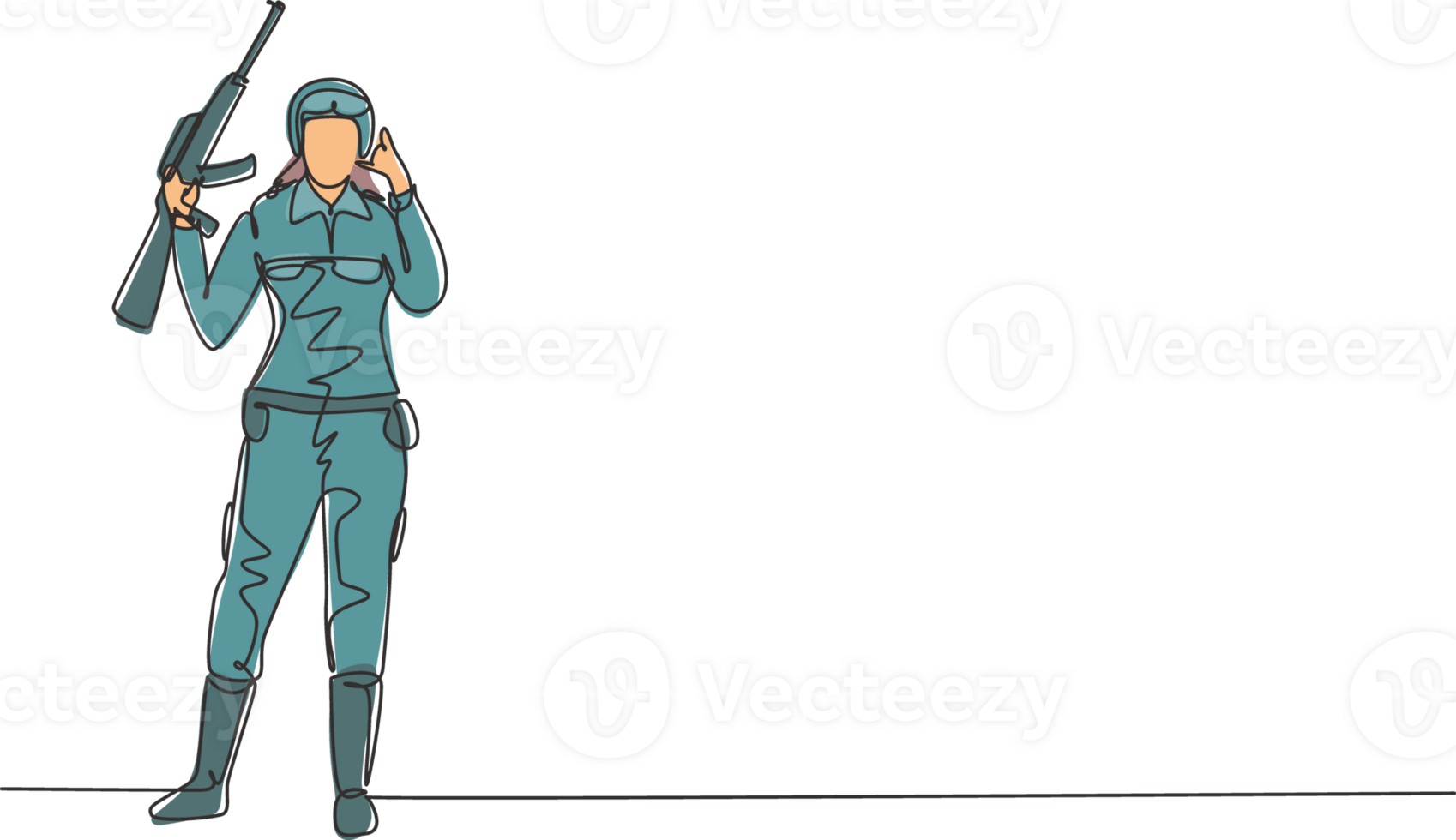 Continuous one line drawing female Soldier stands with weapon, uniform, and call me gesture serving the country with strength of military forces. Single line draw design graphic illustration png