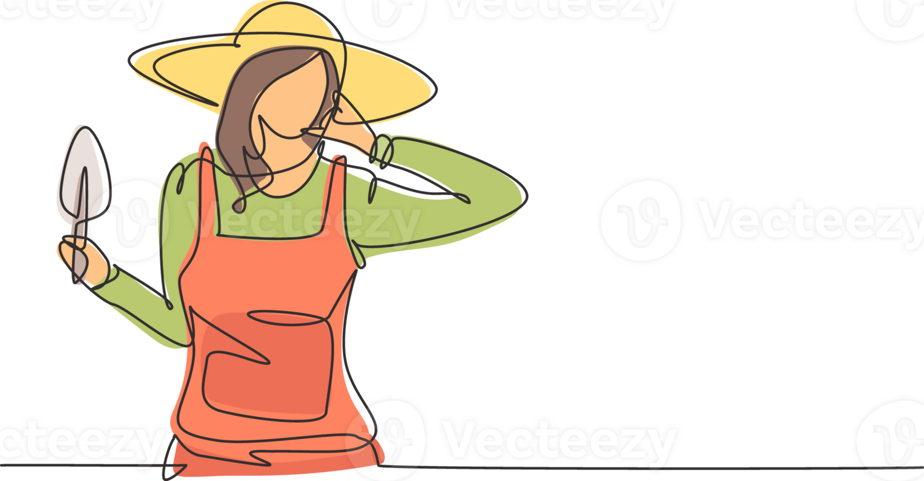 Single one line drawing female farmer with call me gesture wearing straw hat and carrying mini shovel to work on the farm. Success business. Continuous line draw design graphic illustration png