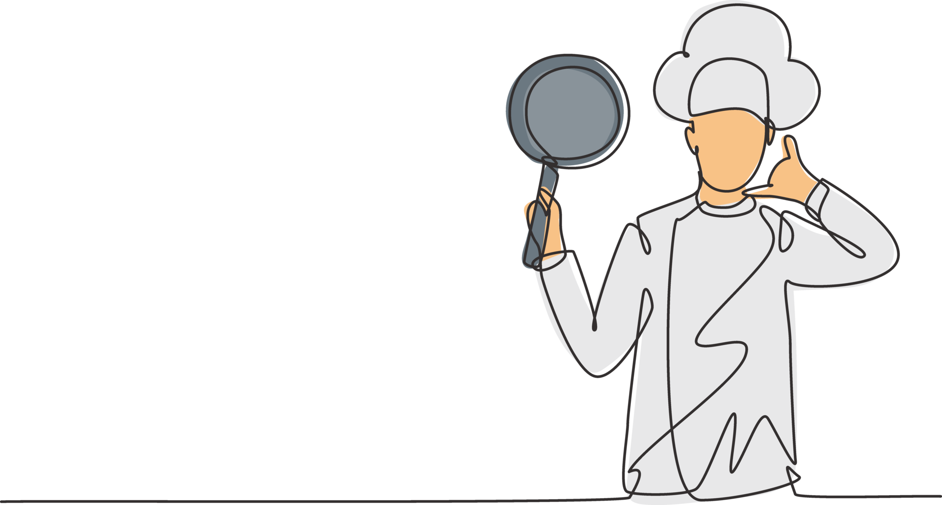 Continuous One Line Drawing Chef With Call Me Gesture Holding Pan And continuous-one-line-drawing-chef-with-call-me-gesture-holding-pan-and
