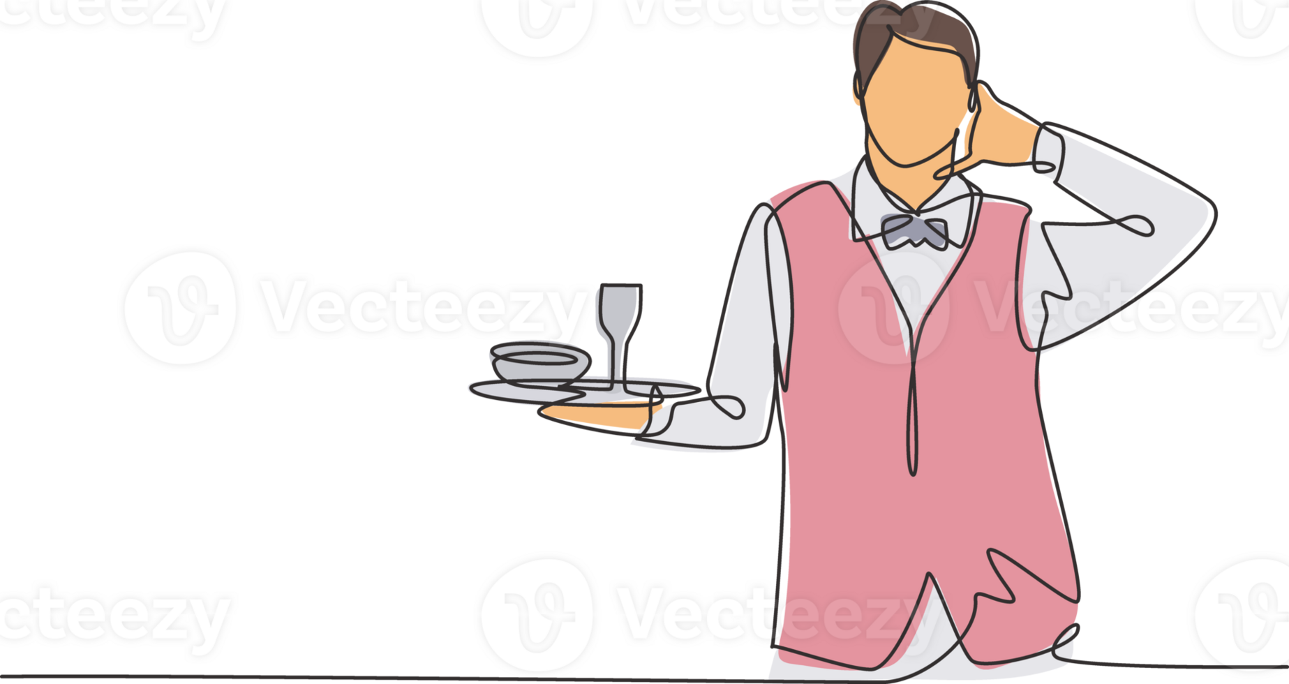 Continuous one line drawing waiter with call me gesture and brought a tray of drinking glasses serving visitors at cafeteria. Success job concept. Single line draw design graphic illustration png