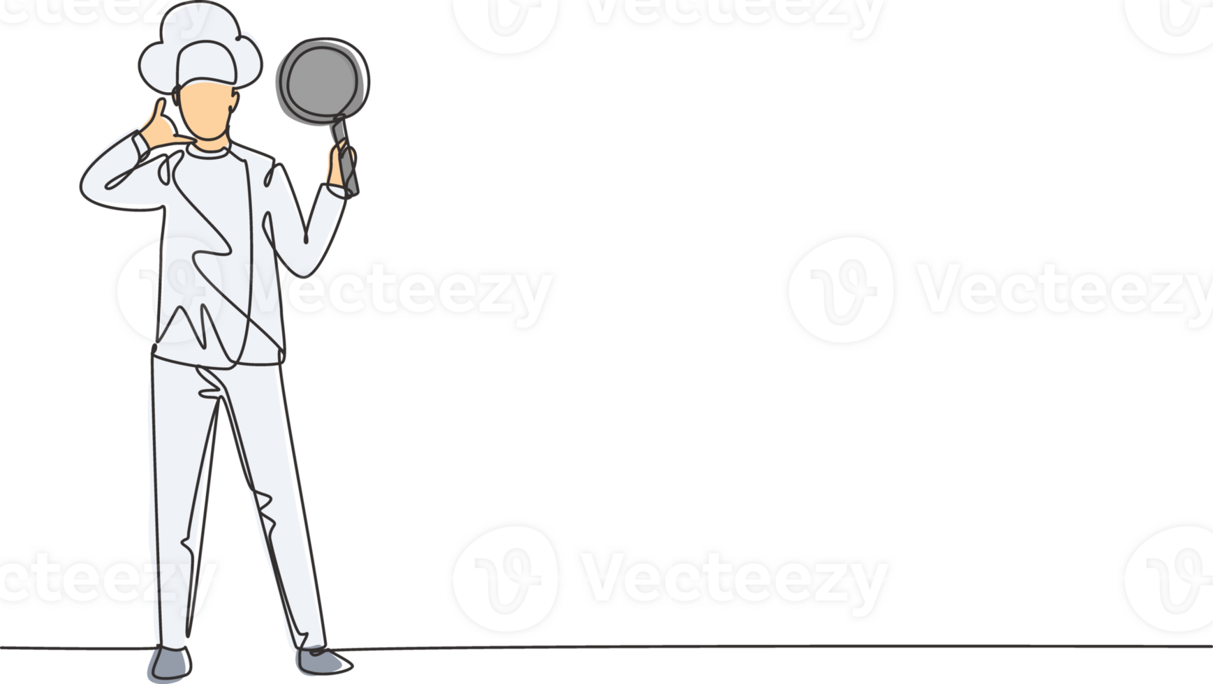 kontinuerlig ett linje teckning kock står med ring upp mig gest, innehav panorera och bär matlagning enhetlig förbereder Ingredienser till laga mat de bäst maträtter. enda linje dra design grafisk illustration png