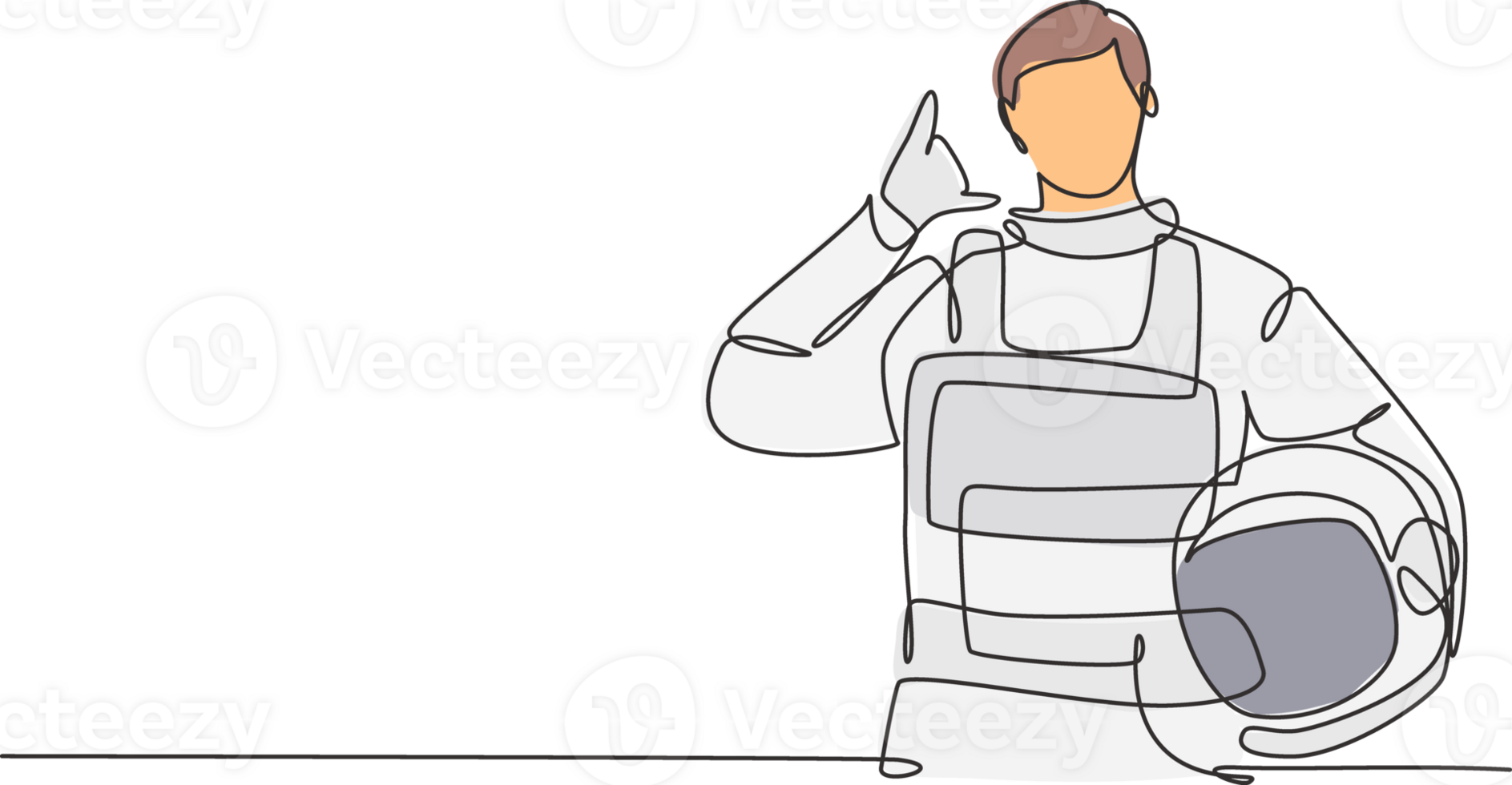 Single continuous line drawing astronaut with call me gesture wearing spacesuits to explore outer space in search mysteries of universe. Great job. One line draw graphic design illustration png