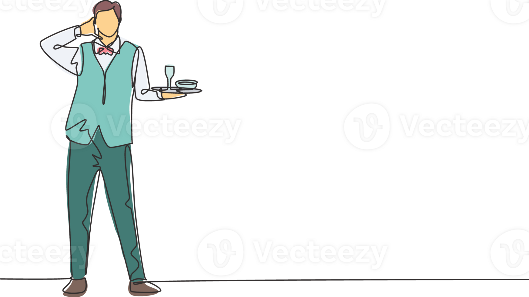 Single continuous line drawing waiter stood up with call me gesture and brought tray drinking glasses to offer restaurant guests. Success job. Dynamic one line draw graphic design illustration png