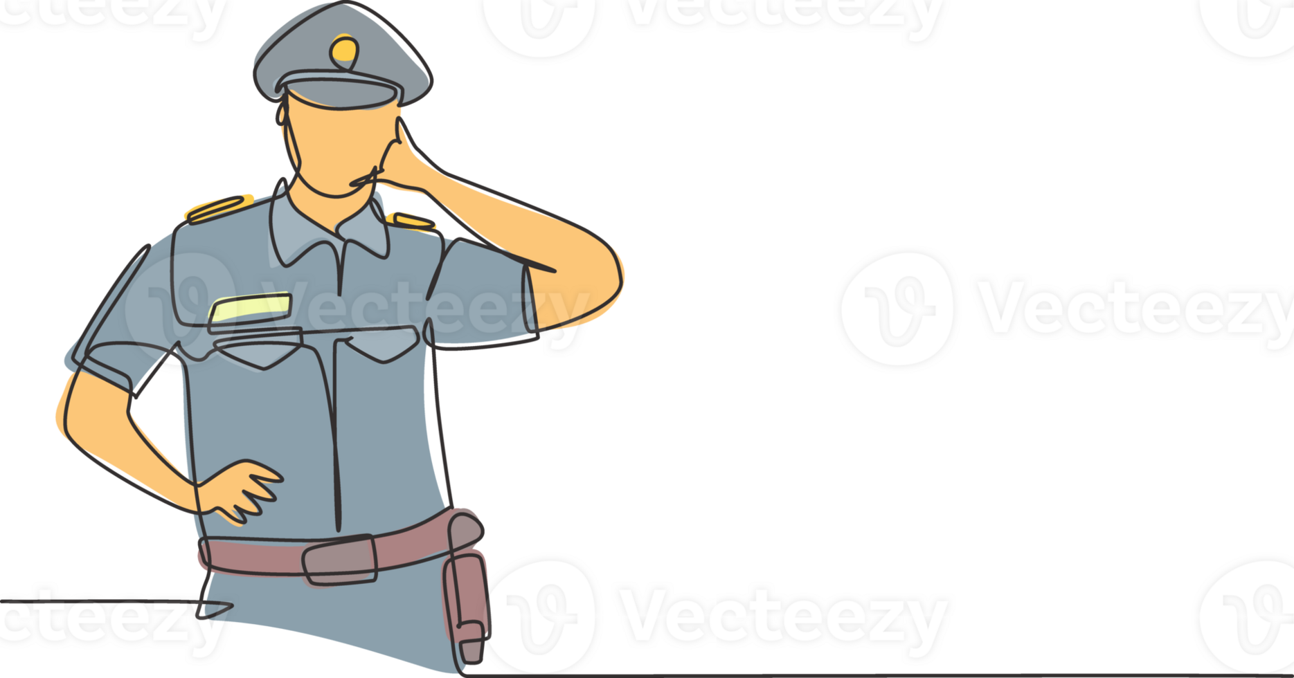 Single continuous line drawing policeman with call me gesture and uniform is ready to enforce traffic discipline on highway. Standby patrol. Dynamic one line draw graphic design illustration png