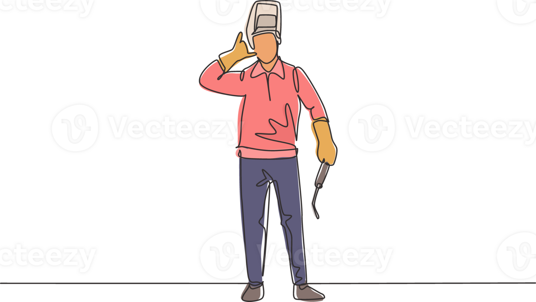Single one line drawing welder stands with call me gesture and face shield removed ready to work in his iron workshop. Success business. Modern continuous line draw design graphic illustration png