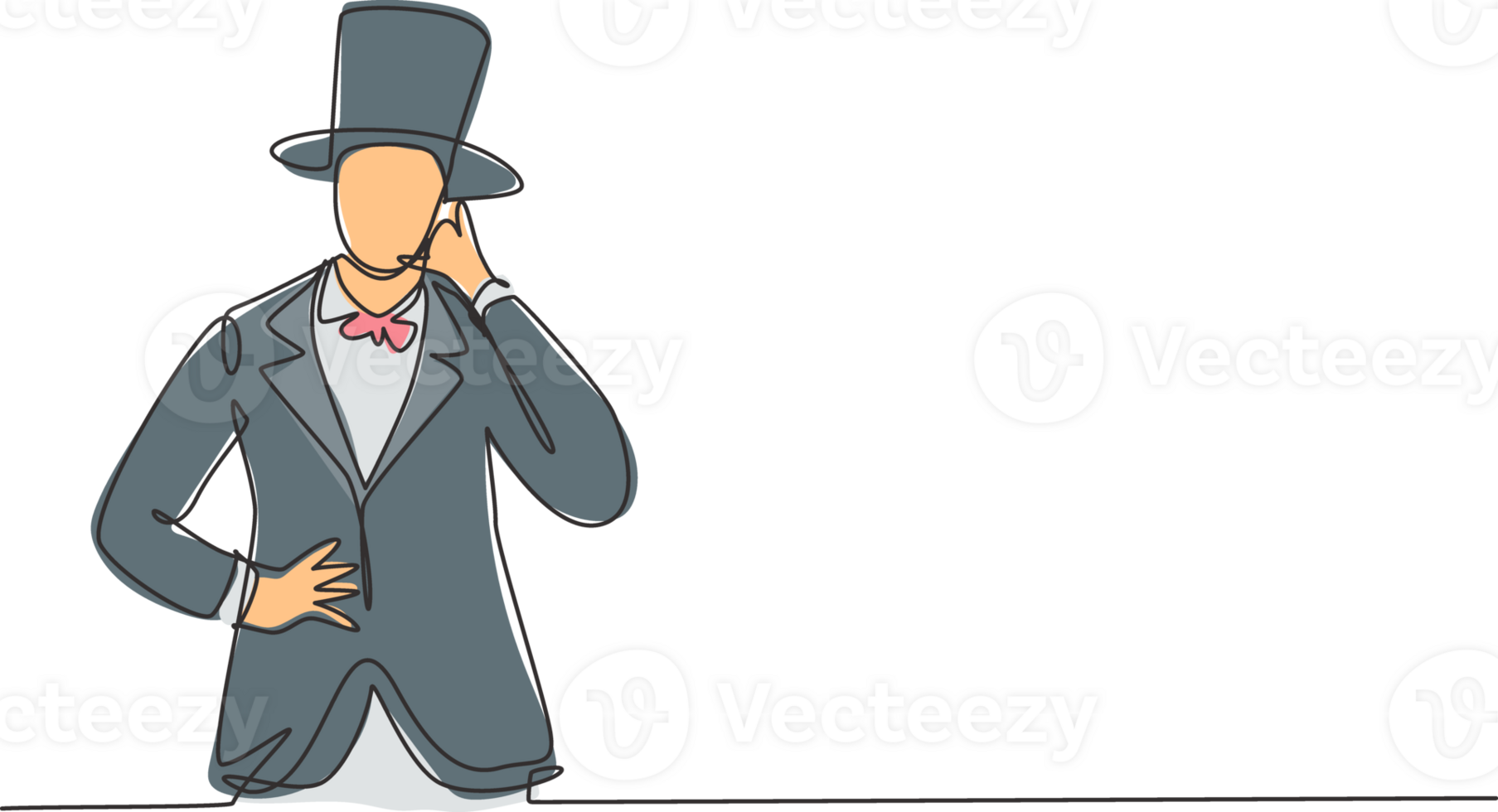 Continuous one line drawing magician with call me gesture wearing hat and holding magic stick ready to entertain audience at television show. Single line draw design graphic illustration png