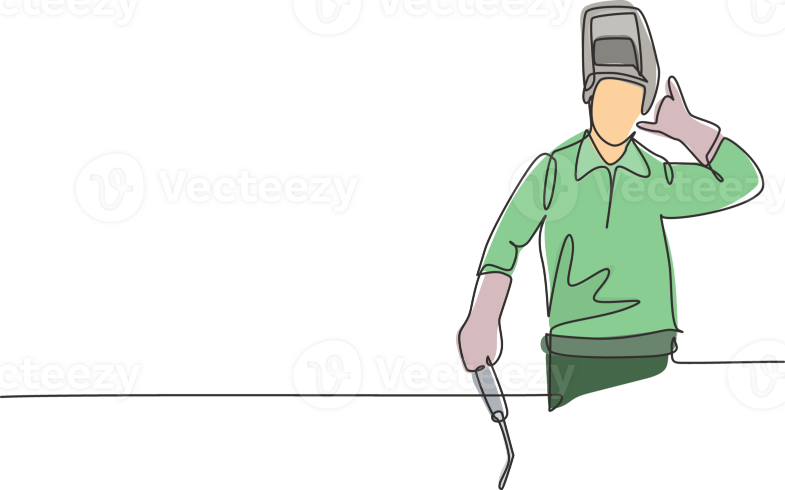 Single continuous line drawing welder with call me gesture works in the construction of building forming steel frame that is melted by fire. Dynamic one line draw graphic design illustration png